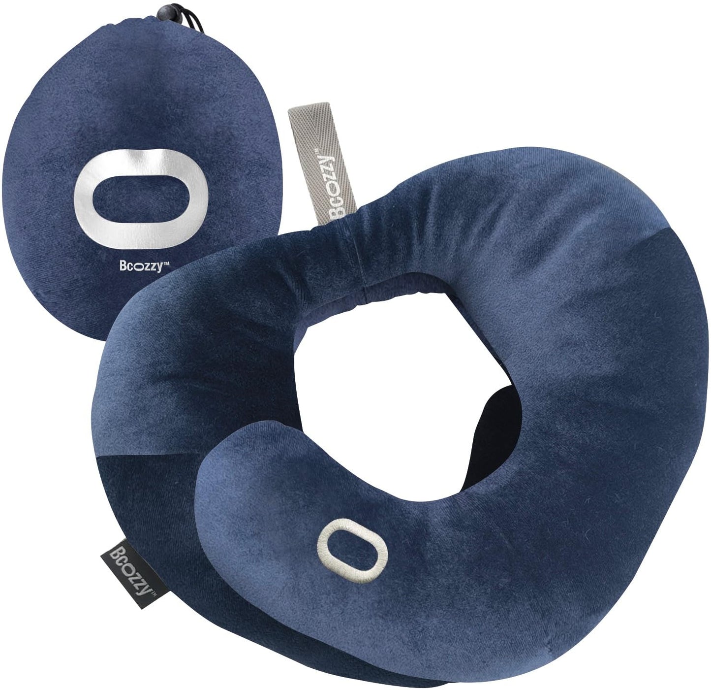 BCOZZY Travel Neck Pillow for Airplane – Patented Double Support for Head, Neck, and Chin. Best for Long Flights, Plane Sleeping, and Car Rides. Adjustable Size. Fully Washable. Carry Bag. Large, Navy