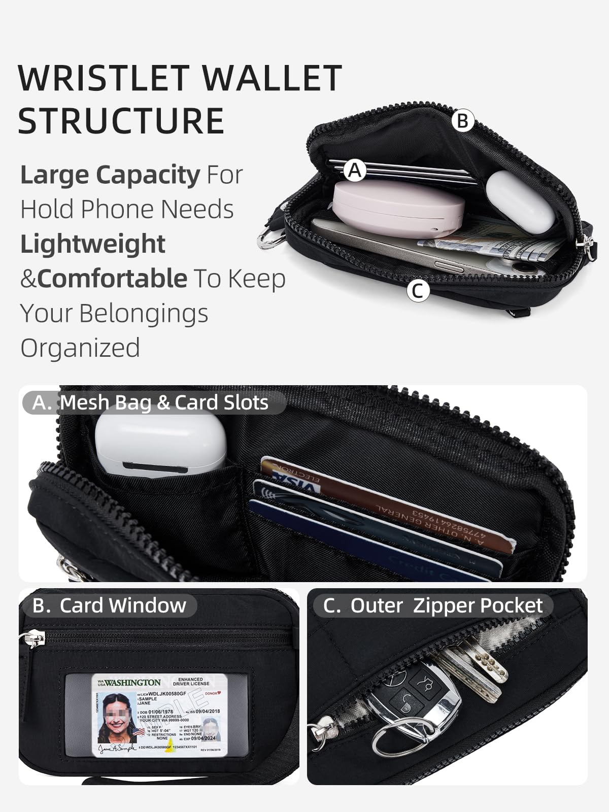 WESTBRONCO Wristlet Wallets for Women Nylon Quilted RFID Wallet with 3 Zipper Purse for Travel Credit Card Holder Phone Organizer(Black)