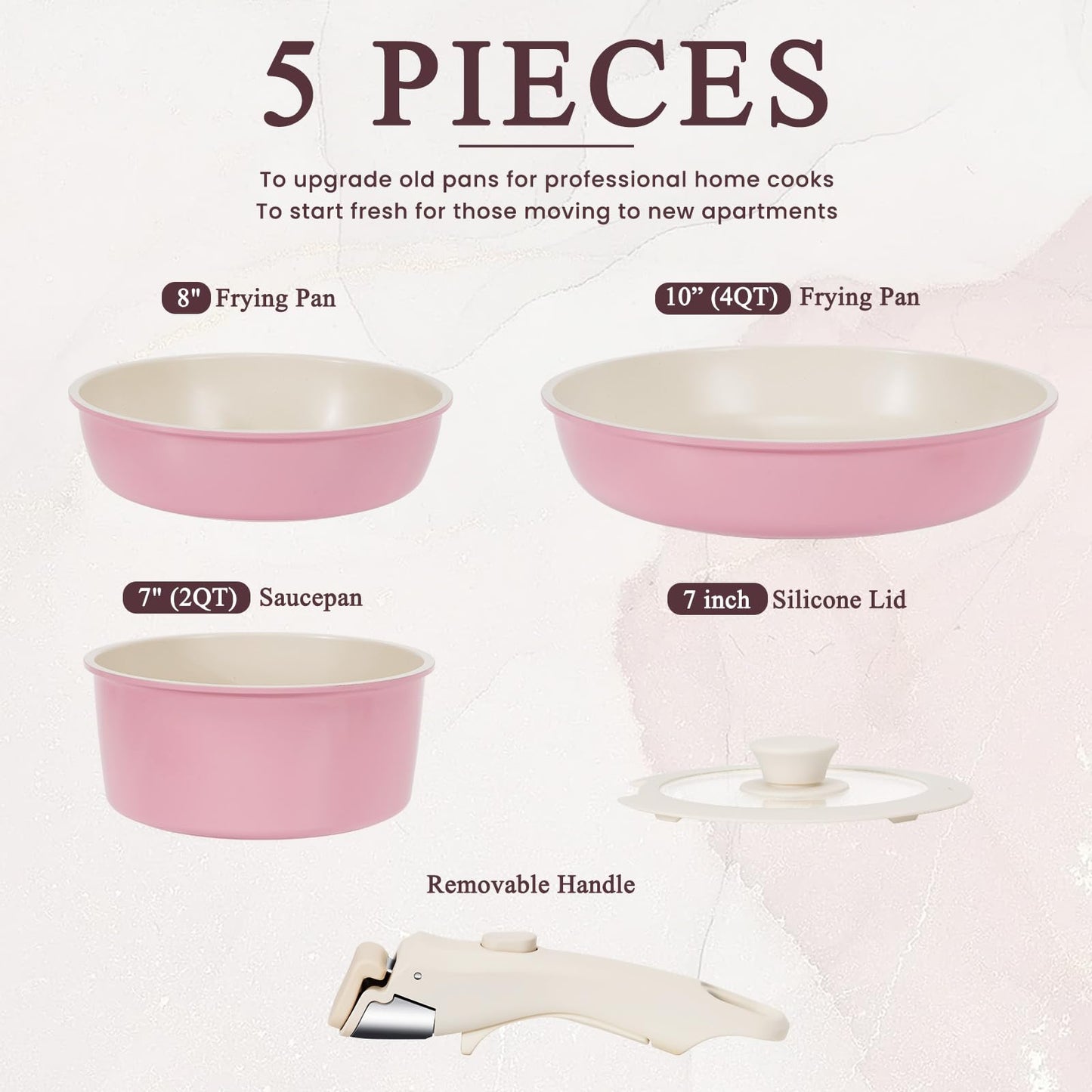 KIKCOIN 5 Pack Ceramic Pots and Pans Set Non Stick, Kitchen Cookware Set Detachable Handle, Non Toxic Cooking Set with Removable Handles, Induction Dishwasher/Oven Safe, Ollas de Cocina, Pink