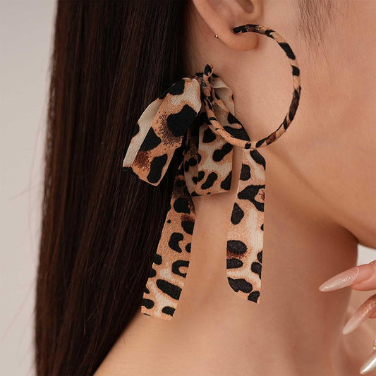 Vintage Large Leopard Ribbon Dangle Hoop Earrings Jewelry for Women
