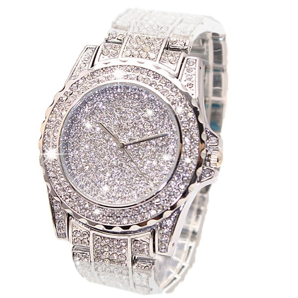 ARMRA Diamond Watch Iced Out Bling Rhinestone Gold Plated Silver Watch Stainless Steel Quartz Wrist Watches for Women Ladies Hip hop Men