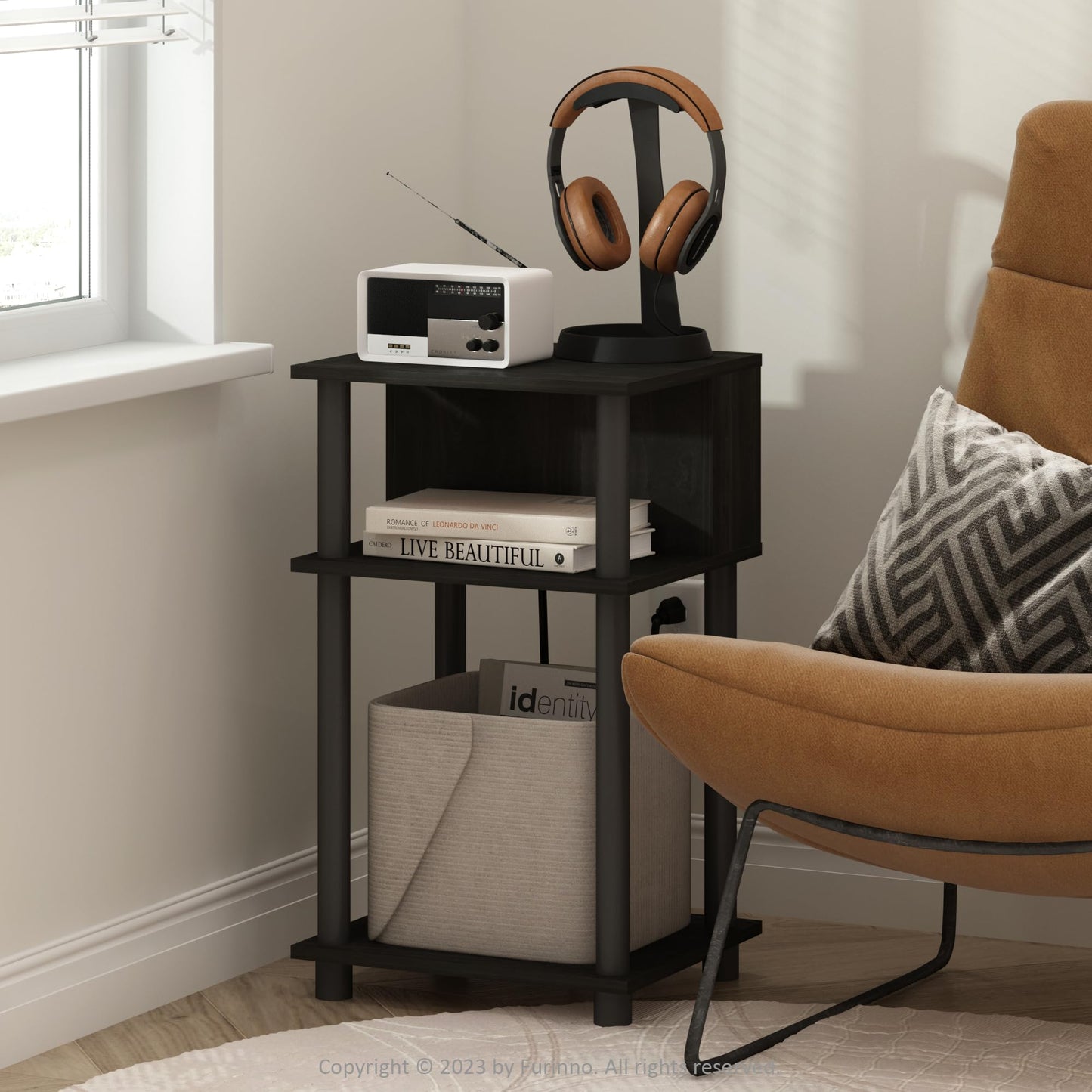 Furinno Just 3-Tier Turn-N-Tube Open Storage End Table with USB and Type-C Charging Port, 11.42 (W) x 9.92 (H) x 6.91 (D) inches, Espresso/Black