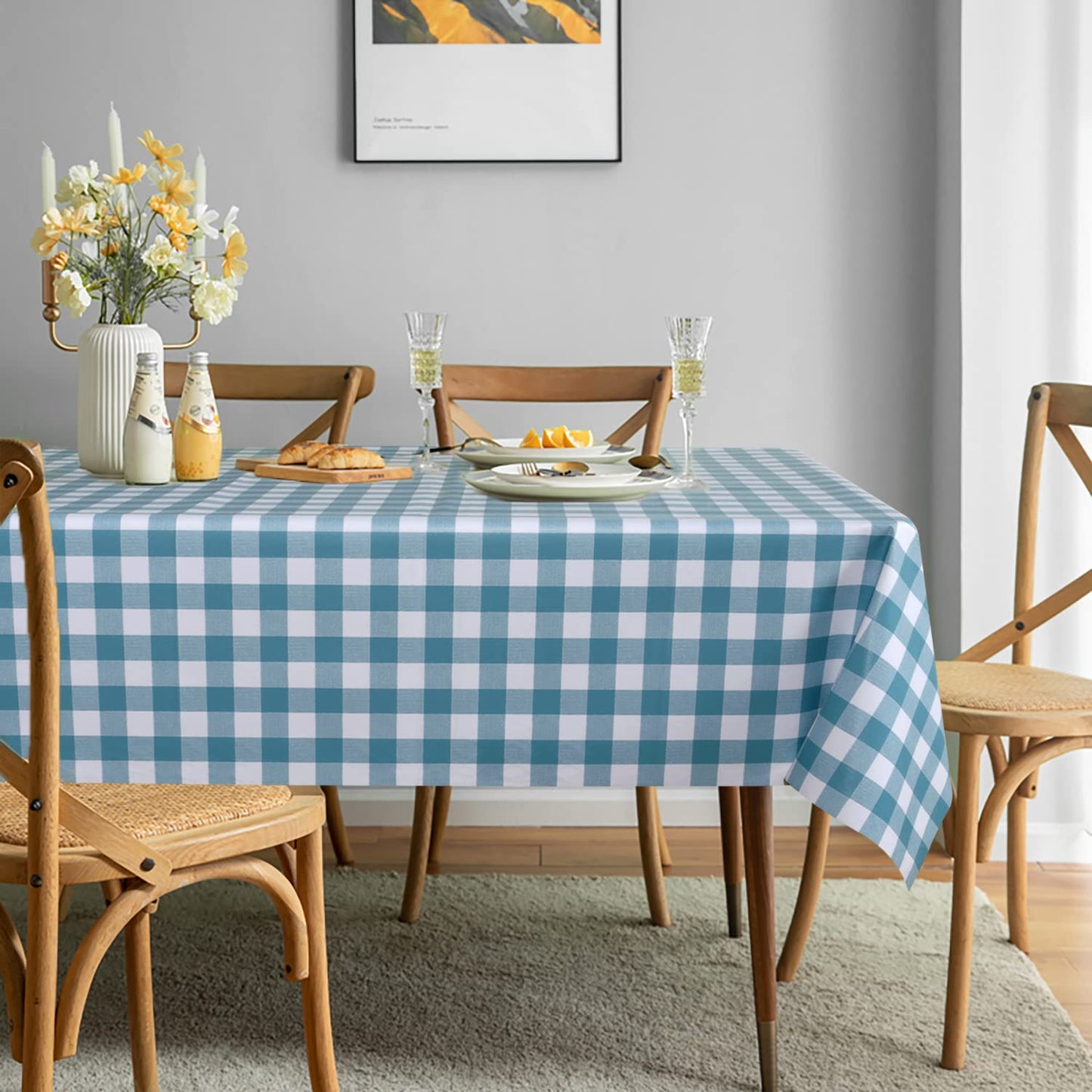 sancua Checkered Vinyl Rectangle Tablecloth, 60 x 102 Inch, 100% Waterproof Oil Proof Spill Proof PVC Table Cloth, Wipe Clean Table Cover for Dining Tables, Buffet Parties, Teal and White