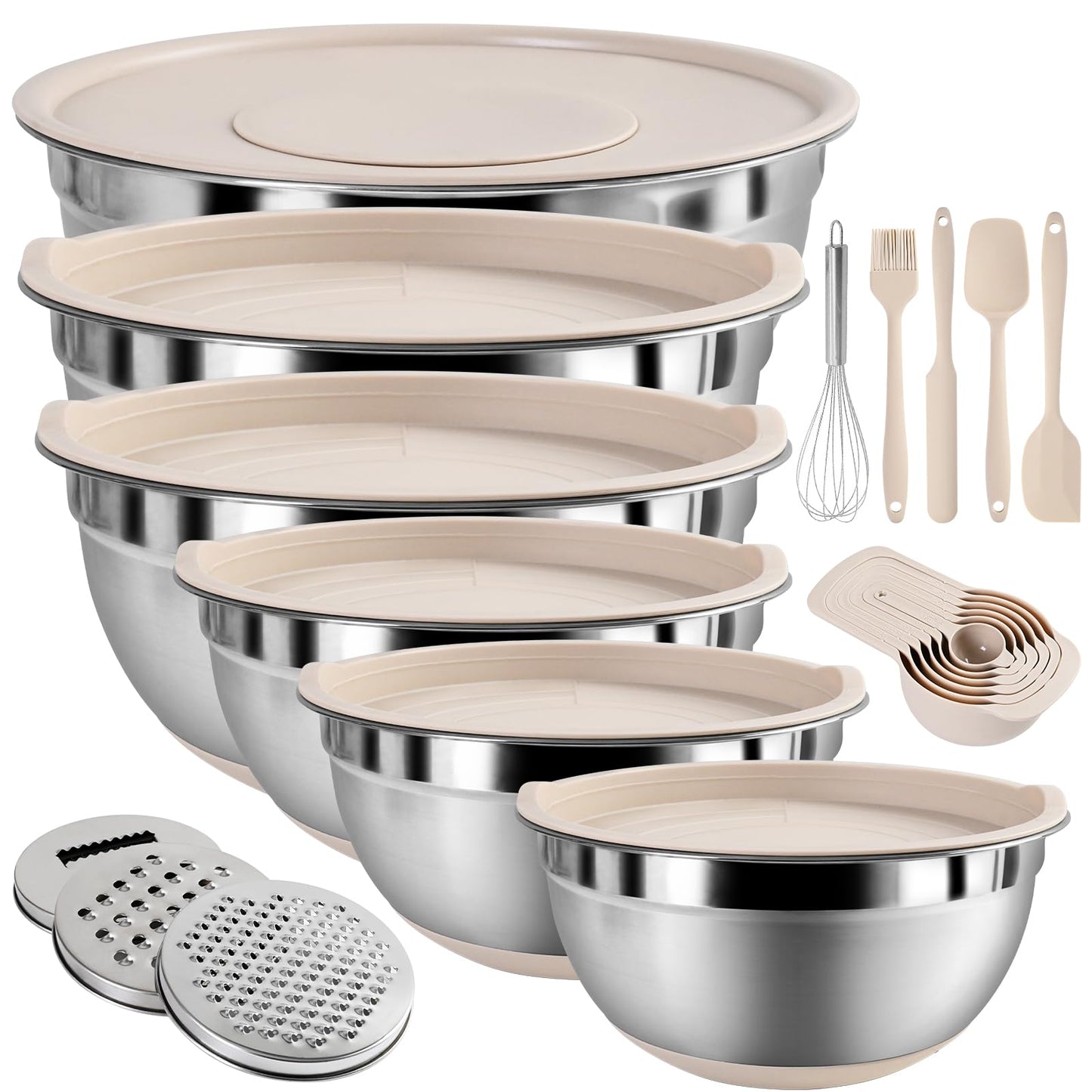 Mixing Bowls with Airtight Lids Set, 20 PCS Kitchen Gadgets Set, 6 Stainless Steel Bowls,3 Grater Attachments,Non-Slip Silicone Bottoms,Great for Serving&Baking,Size 5, 4, 3.5, 2.1, 1.5, 1.1QT (Khaki)