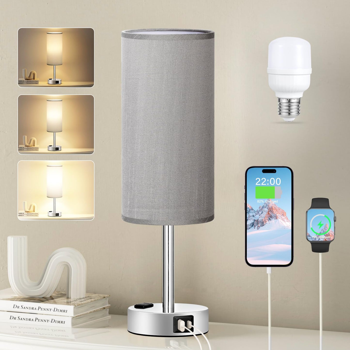 Bedside Table Lamp for Bedroom - 3 Way Dimmable Touch Lamp USB C Charging Ports and AC Outlet, Small Lamp Wood Base Round Flaxen Fabric Shade for Living Room, Desk, LED Bulb Included
