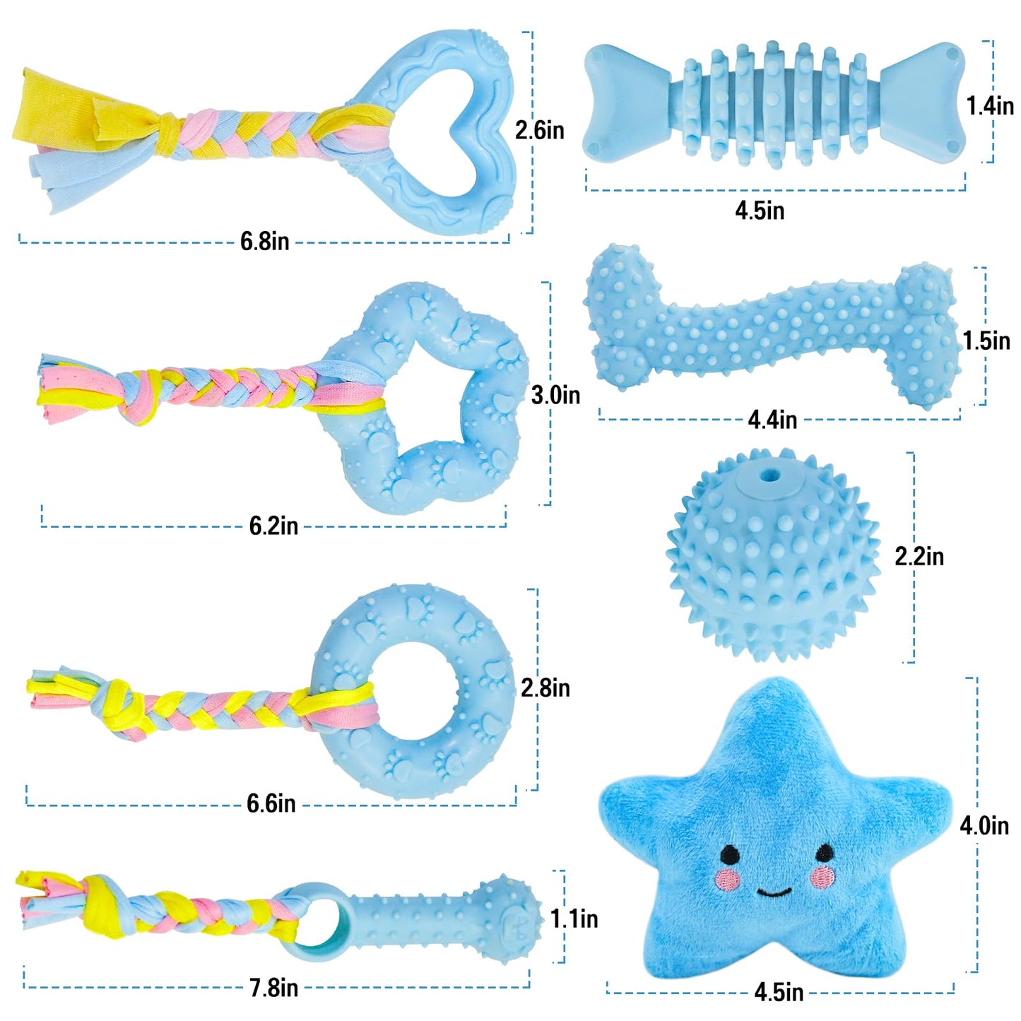 MRSOHRET Puppy Toys, 8 Pack Puppy Chew Toys for Teething, Cute Blue Small Dog Toys Set, Teething Toys for Puppies, Soft Durable Interactive Chew Toy for Small Dogs
