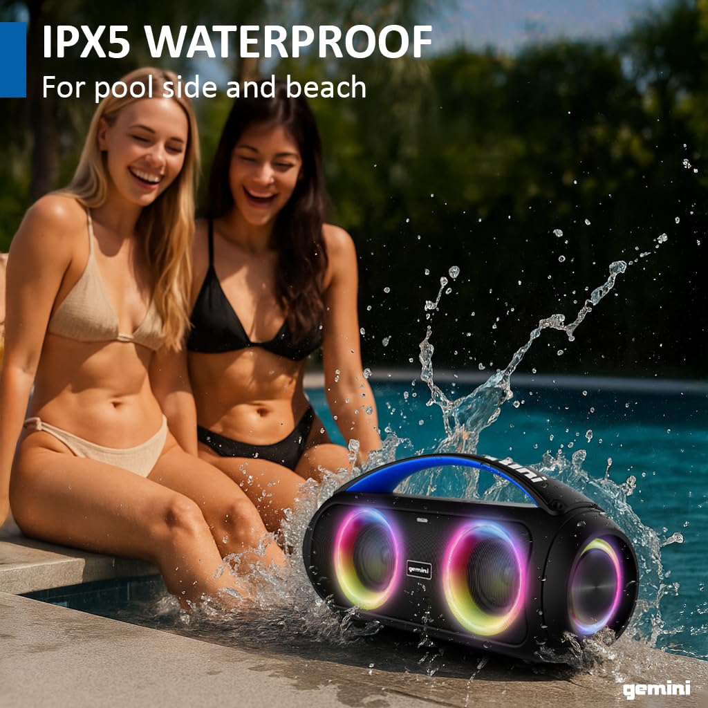 Gemini Portable Bluetooth Boombox Speaker with Deep Bass, LED Party Lights, FM Radio, USB, Mic Input & 7-Hour Battery – Rechargeable Wireless Speaker for Travel, Gym, or Home Use (GGO-230L)