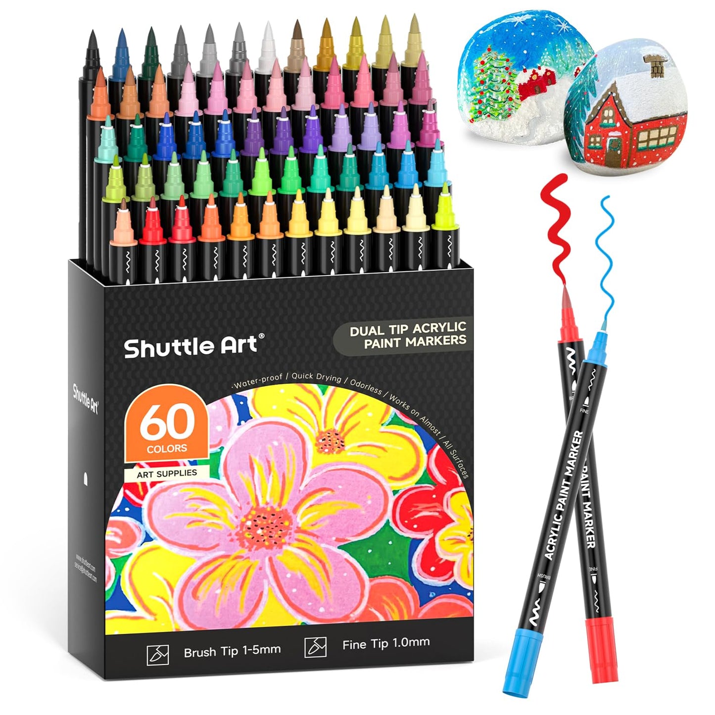 Shuttle Art 36 Colors Dual Tip Acrylic Paint Markers, Dot Tip and Fine Tip Acrylic Paint Pens for Rock Painting, Ceramic, Wood, Canvas, Plastic, Glass, Stone, Calligraphy, Card Making, DIY Crafts