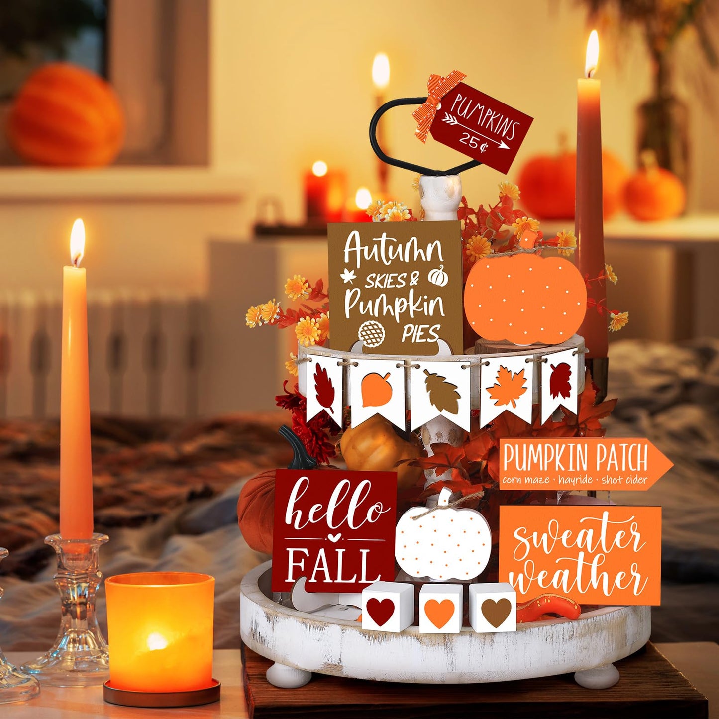 Sumind 15 Pcs Fall Tiered Tray Decor Set Fall Decorations for Home Autumn Wood Signs Thanksgiving Orange Brown Table Signs Farmhouse Wooden Maple Pumpkin Gnomes Tabletop for Festival(Autumn)