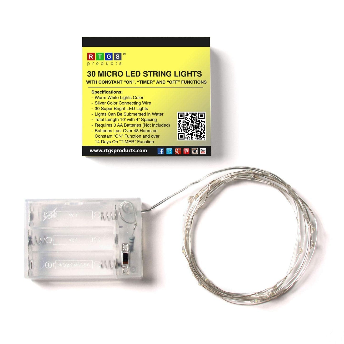 RTGS 30 LEDs Warm White Color String Lights Silver Wire Indoor and Outdoor 9.5 Feet Firefly Starry Fairy Lights Battery Powered for DIY, Christmas, Holidays, Party, Bedroom and Centerpieces