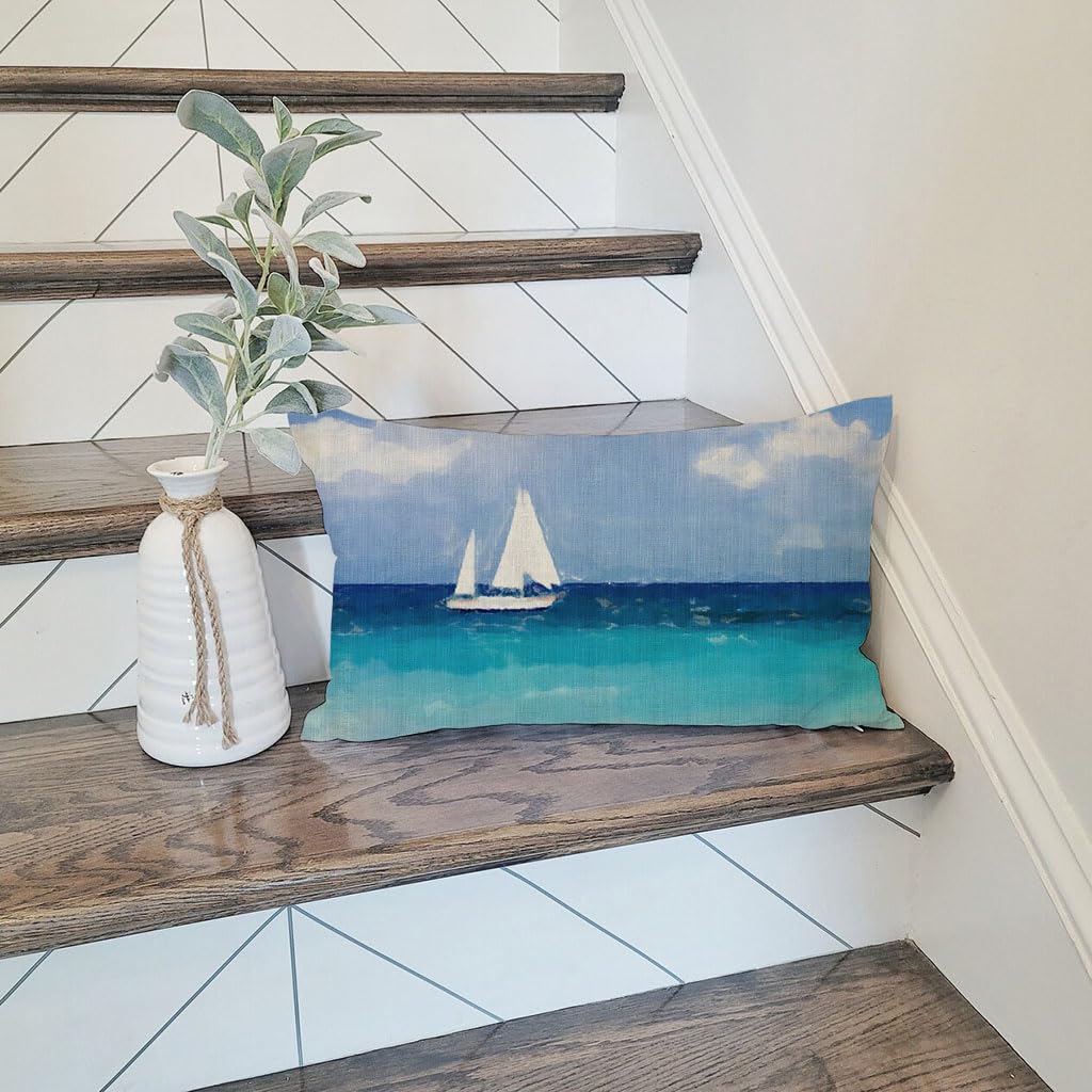 PANDICORN Summer Beach Throw Pillow Covers 12x20 Inch Sea Ocean Sailboat Nautical Coastal Blue Outdoor Decorations Lumbar Decorative Throw Pillows Cases for Beach House Home Living Room Couch Decor