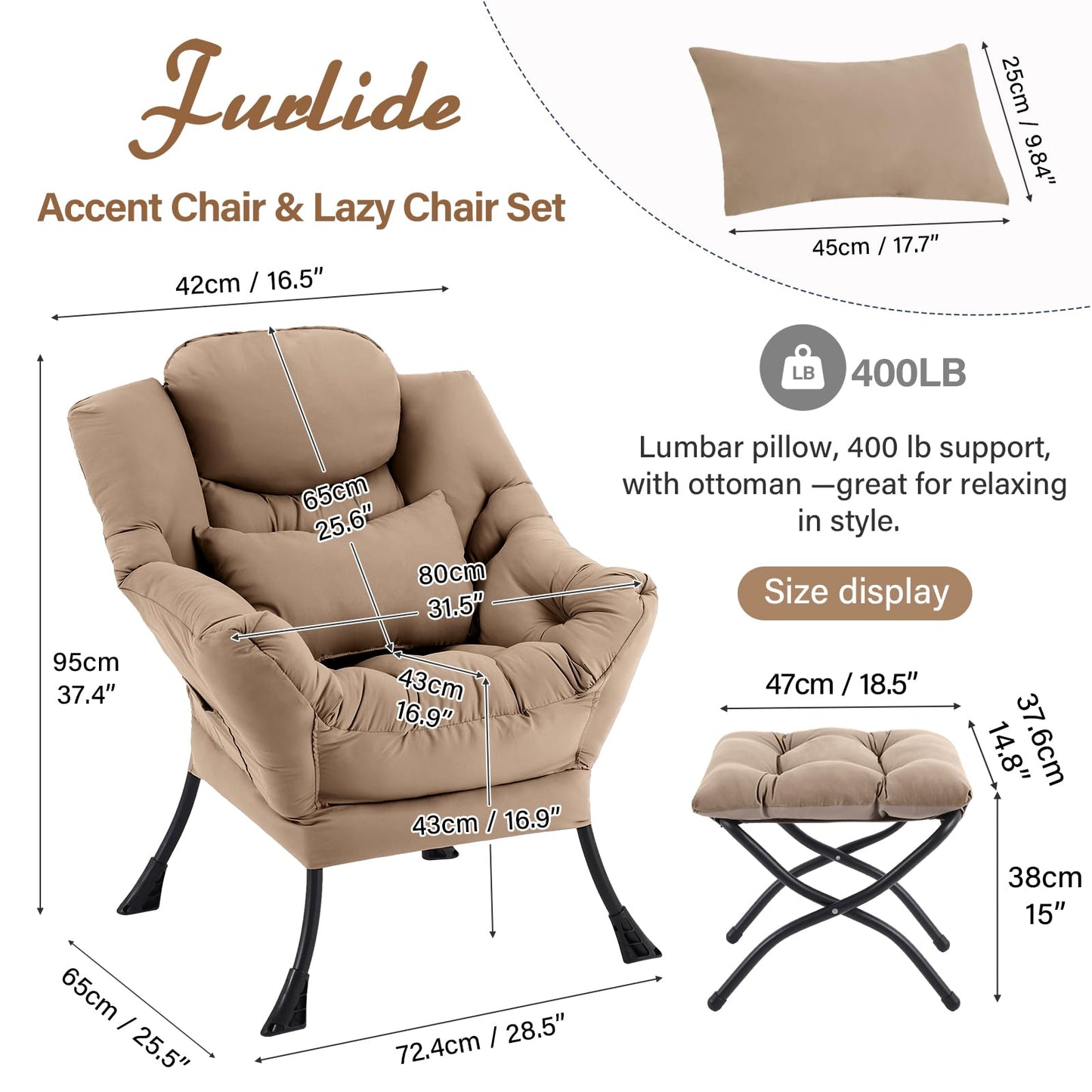 Furlide Lazy Chair with Ottoman, Modern Lounge Armchair with Lumbar Pillow, Accent Cozy Reading Chair and Folding Footstool for Bedroom, Dorm, Living Room,Khaki
