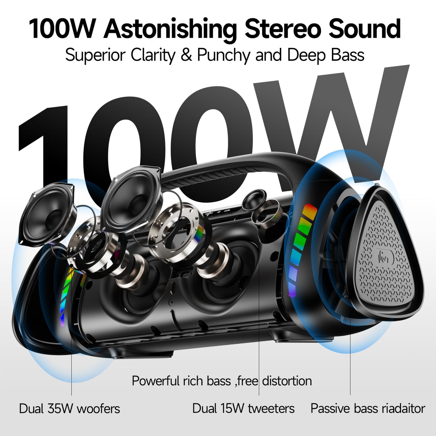 Bluetooth Speaker,100W Loud Speakers Bluetooth Wireless with Deep Bass, Portable Bluetooth Speakers Wireless with Power Bank, LED Lights,Waterproof, 30hours Playtime for Outdoor Home-LFS