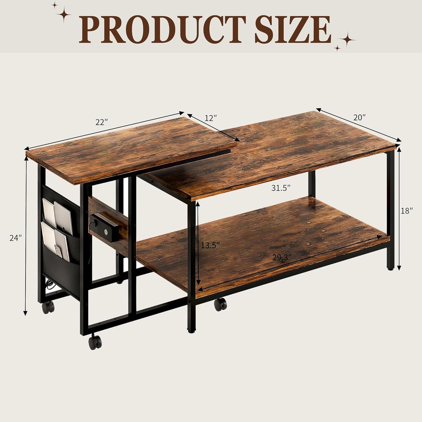 VECELO Coffee Table, Adjustable Coffee Table Set of 2 with End Table for Living Room, Nesting Table with USB Ports and Wheels, Modern & Industrial for Bedroom,Apartment, 31.5" and 20",Rustic Brown