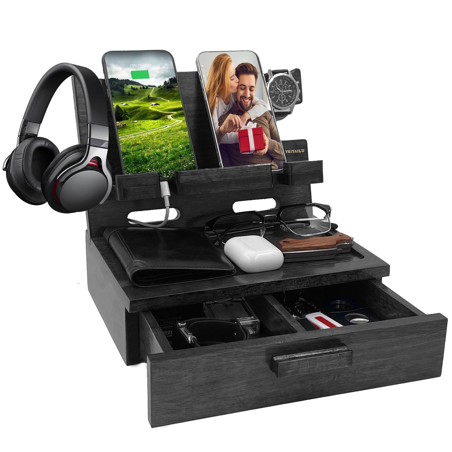 Gifts for Men Women Husband Son Boyfriend Him Nightstand Organizer Wood Phone Docking Station Birthday Gifts (Walnut)