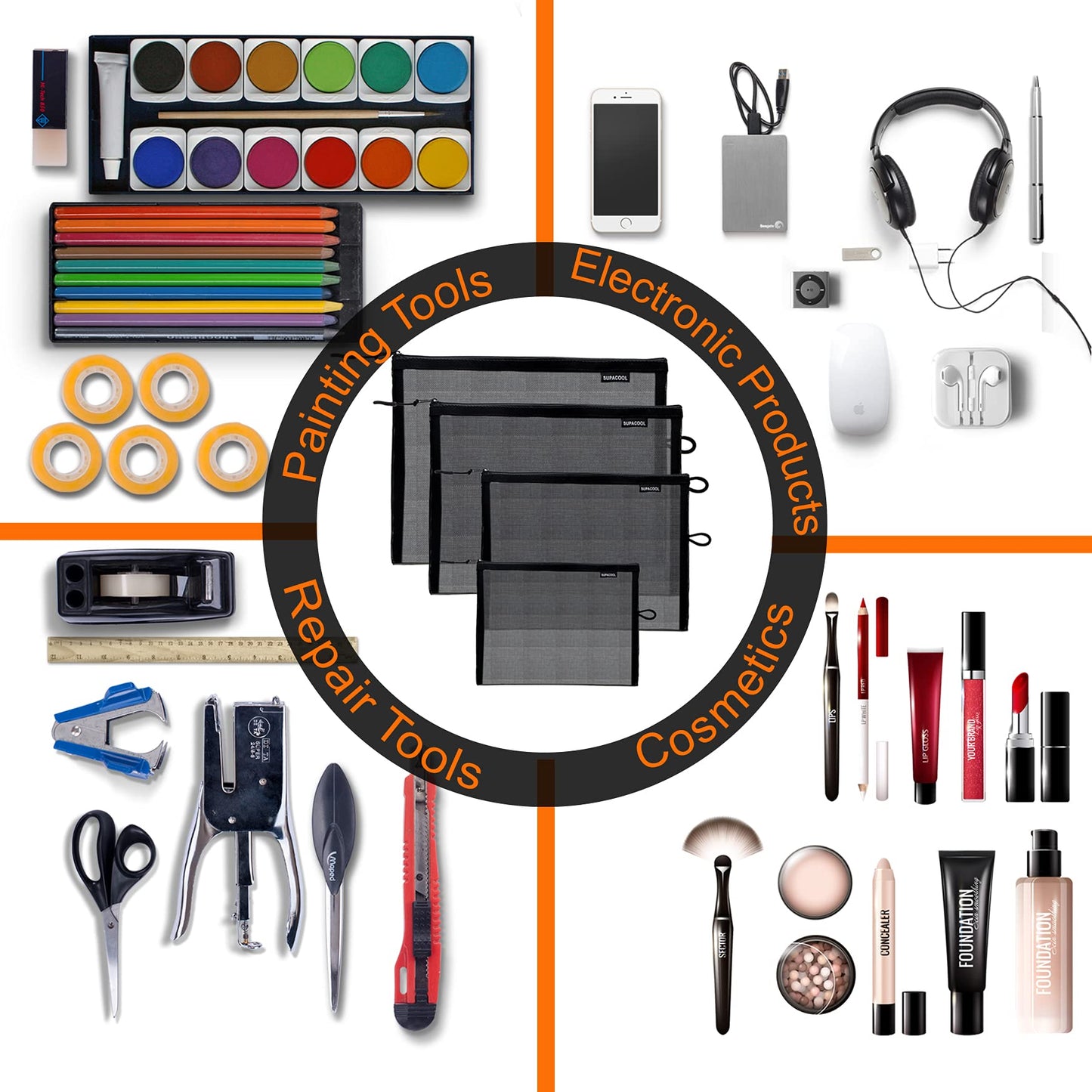 SUPACOOL Set of 4 Travel Mesh Makeup Bag, Cosmetic Organizer Pouches with Zipper, Diaper Organizing Pouches, Nylon Toiletries Bag for Women and Men(4pcs, Black)