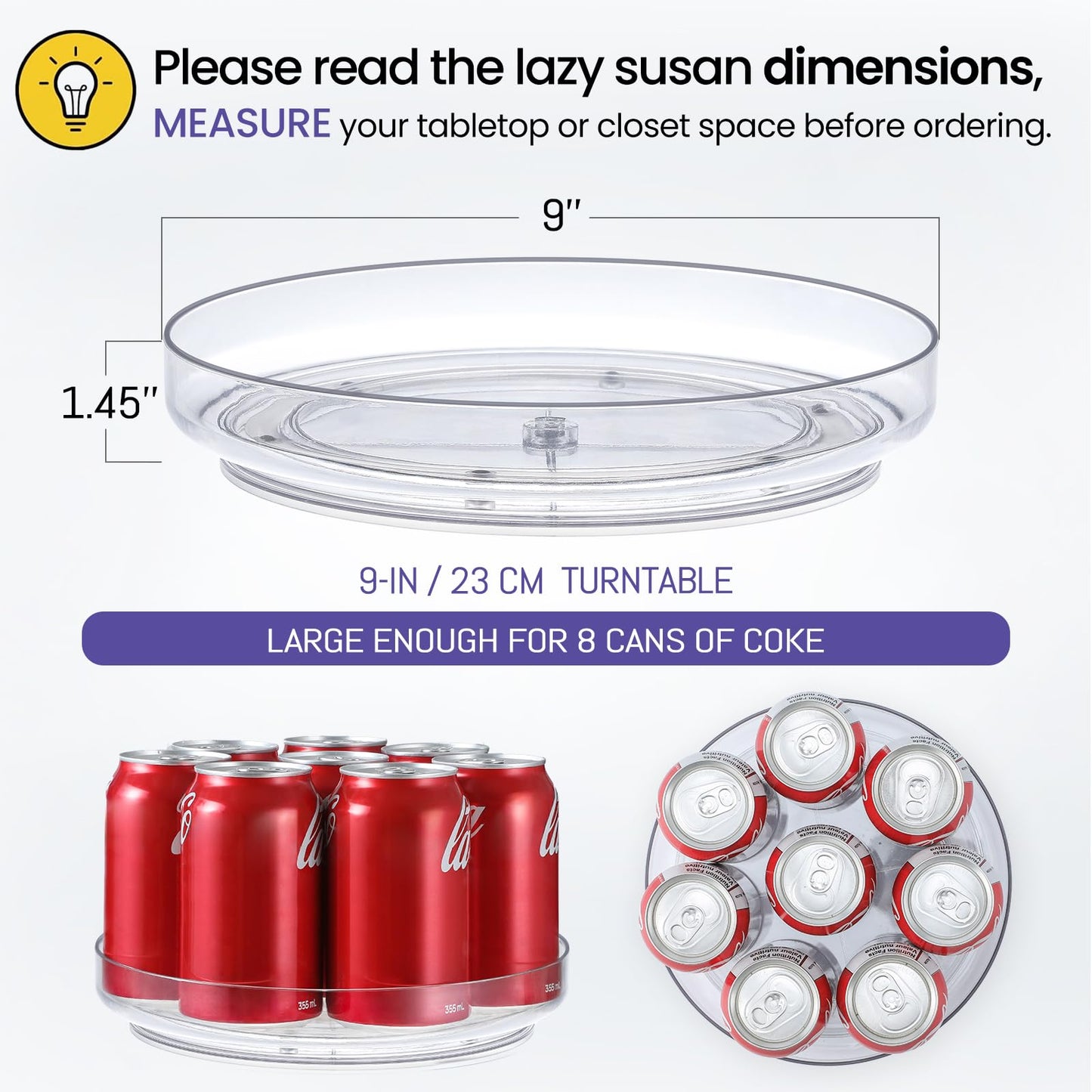 2 Pack 9 Inch Clear Acrylic Lazy Susan, Non-Skid Turntable Organizer for Cabinet, Kitchen, Pantry Organization Storage, Refrigerator, Vanity Makeup, Bathroom Countertop Organizing, Rotating Spice Rack