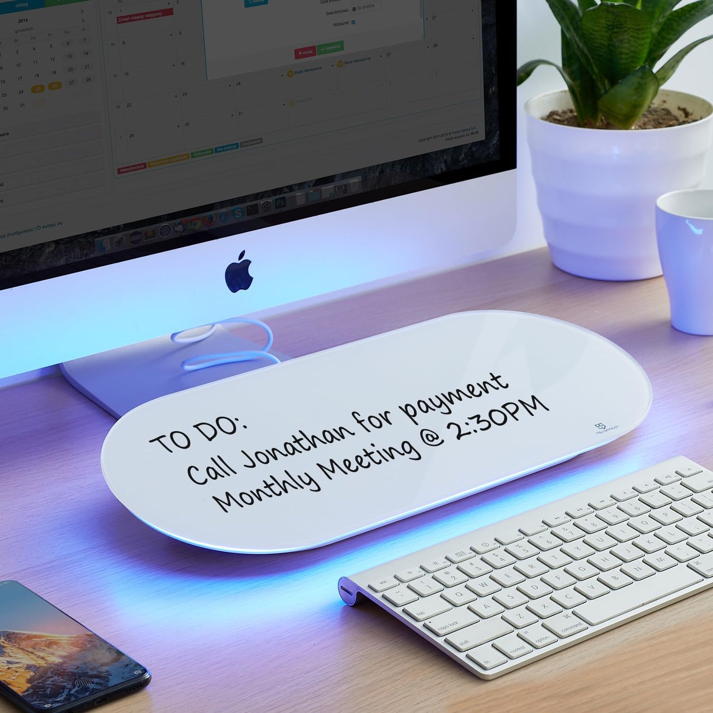 TSJ OFFICE Glass Desktop Whiteboard - 17 X 7 Inches Small Dry Erase Board with Pink Light, Glass White Board Surface Notepad with 1 Drawer, Desk Organizers for Office, Home, School Supplies