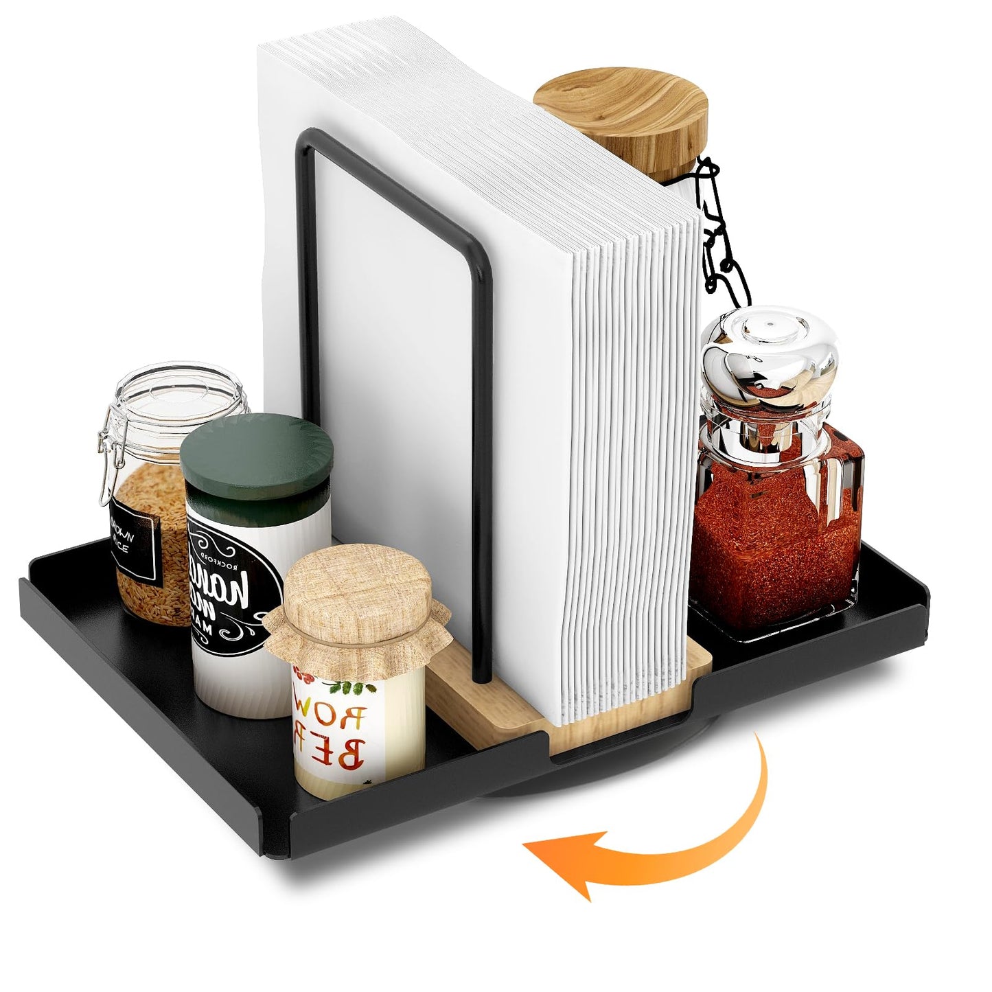 Napkin Holder for Table, 360° Rotating Metal Wood Napkin Holder with Salt and Pepper Shakers Caddy, Standing Paper Napkin Storage for Kitchen Dining Table Decor, Black