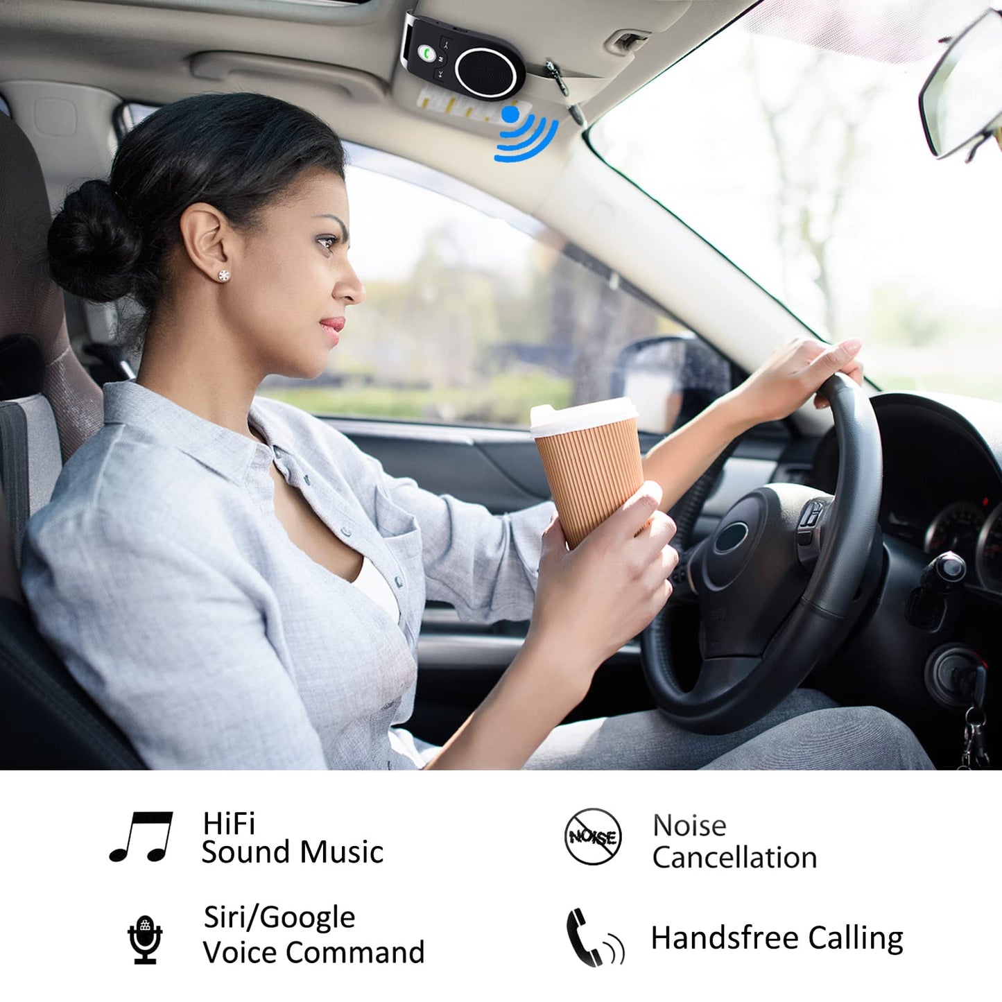 Hands Free Cell Phone Car Kit, Bluetooth 5.0 in Car Speakerphone with Visor Clip, Siri Google Voice Command Support,Built in Mic, Support 2 Phones Connected, Bluetooth Speaker for Safe Driving