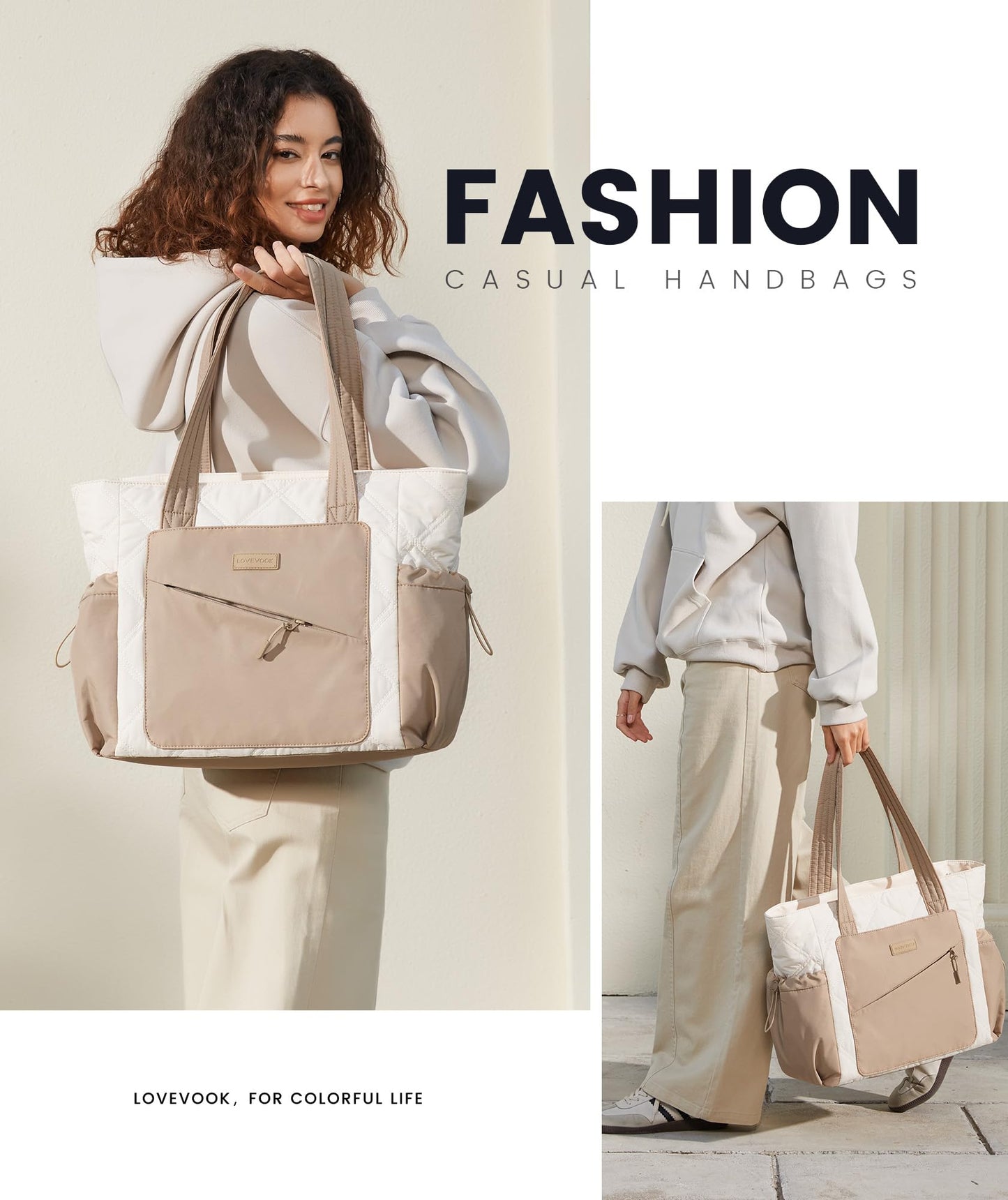 LOVEVOOK Tote Bag for Women, Puffer Bag and Work Bags with Zipper for Travel, Daily, School, Quilted Nurse Shoulder, 2pcs