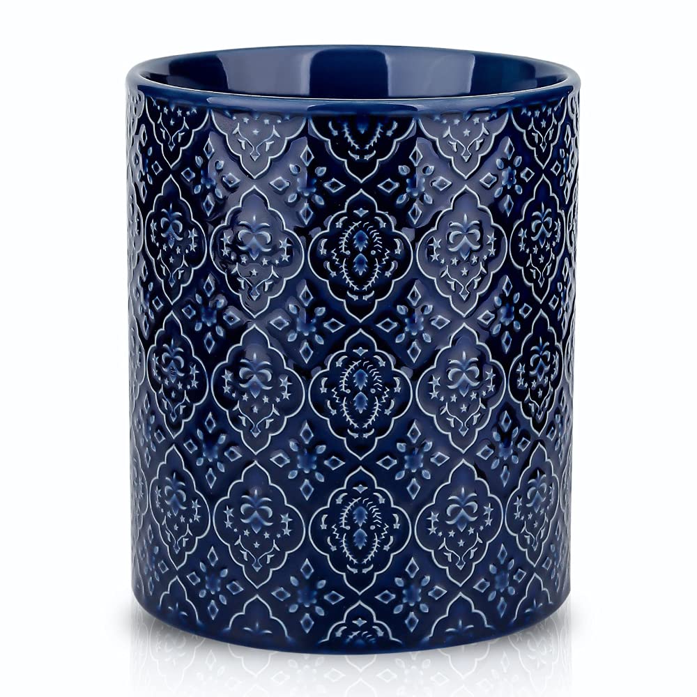 KOOV Kitchen Utensil Holder, Large Utensil Holders for Countertop, 6 x 7 Inches Ceramic Utensil Crock, Deep and Stable, Cooking Utensil Holder, Embossed Pattern (BLue)