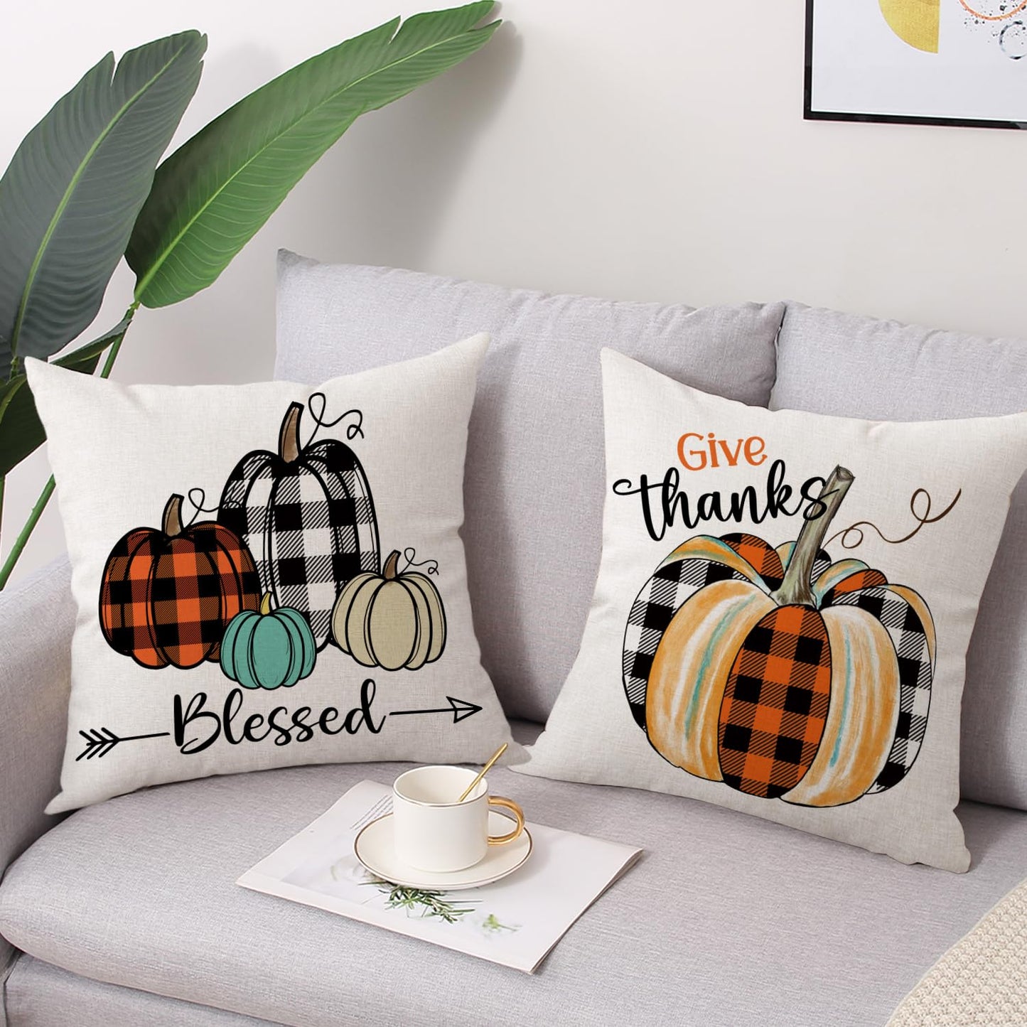 Gujiahone Fall Decor Pillow Covers 18x18 Inch Set of 4 Buffalo Check Plaid Pumpkins Gnomes Truck Hello Fall Farmhouse Decorative Thanksgiving Home Autumn Cushion Covers for Couch