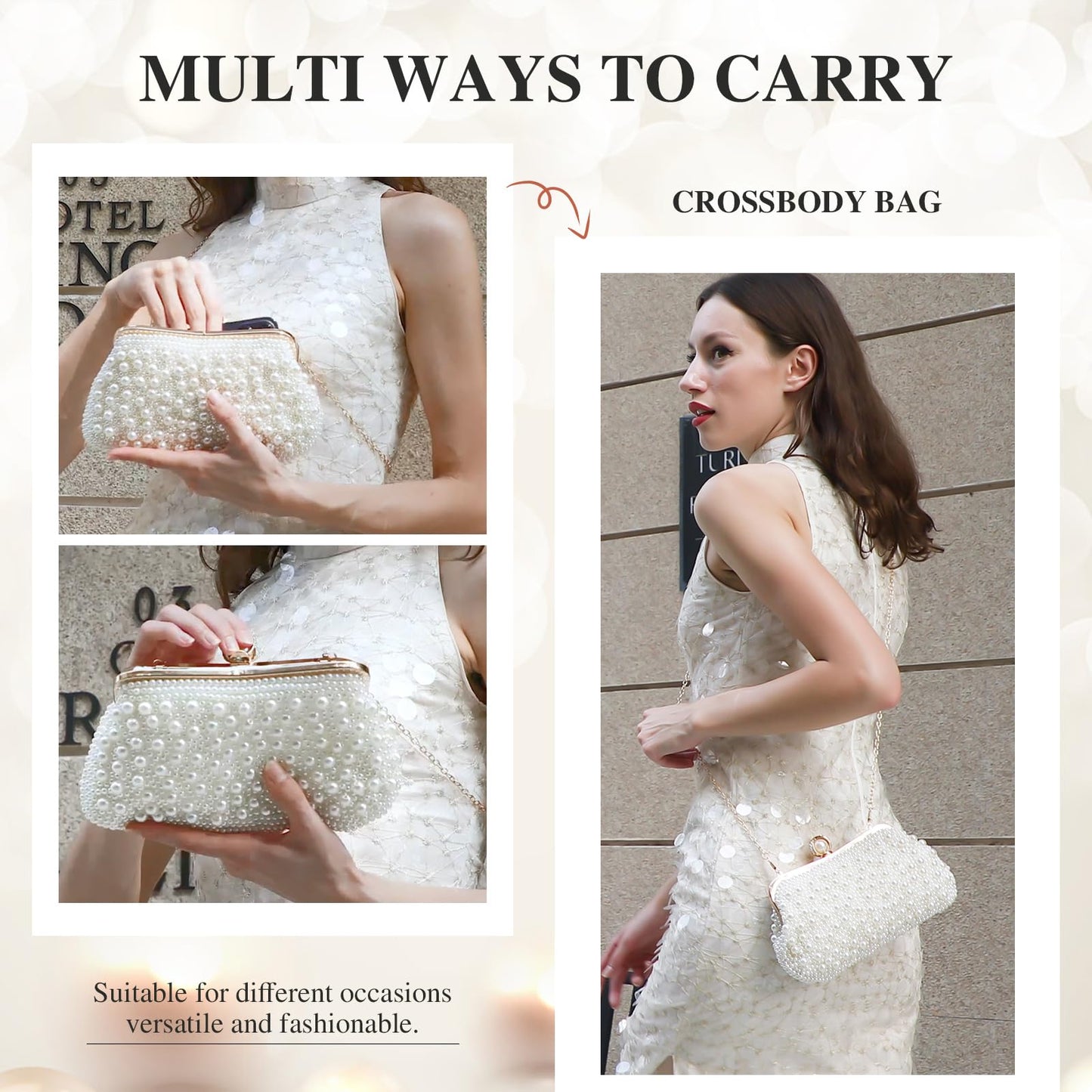 UBORSE Women Pearl Clutch Bead Rhinestone Evening Clutch Bag with removable Pearl Chain Ivory White