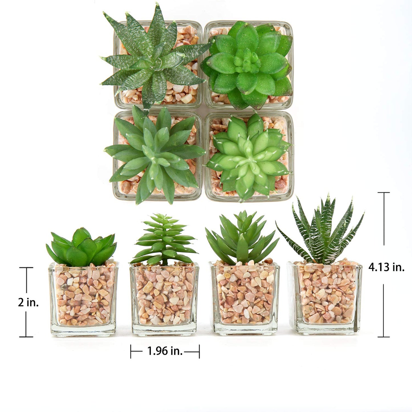Briful Mini Fake Plants 4 Packs Succuletns Artificial Potted Plants in Cube Glass Vase Faux Succulents for Bathroom Living Room Kitchen Shelf Table Decor