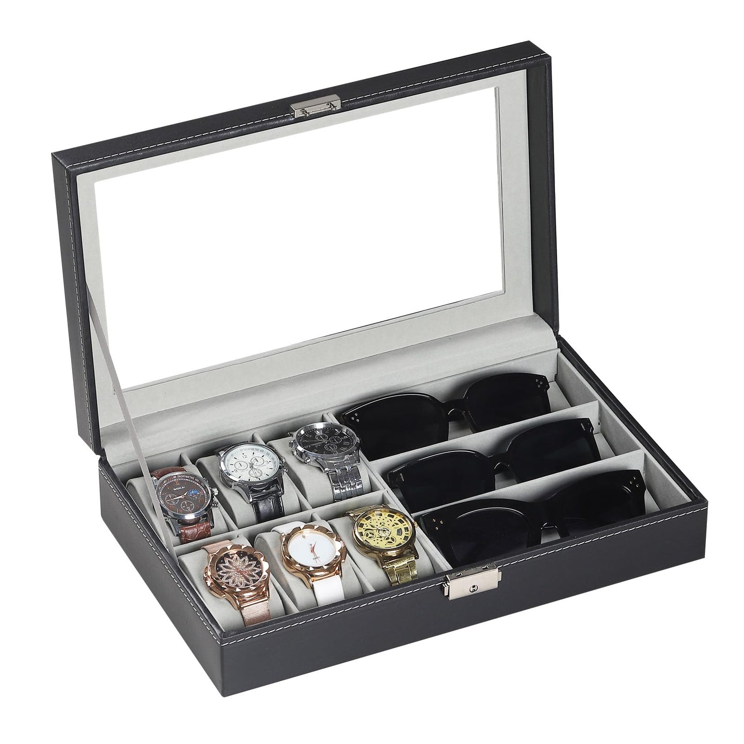 AUTOARK Leather 6 Watch and 3 Eyeglasses&Sunglasses Box with Jewelry Display Case Organizer,Mens Women Storage Holder Boxes,Glass Top,Black,AW-004