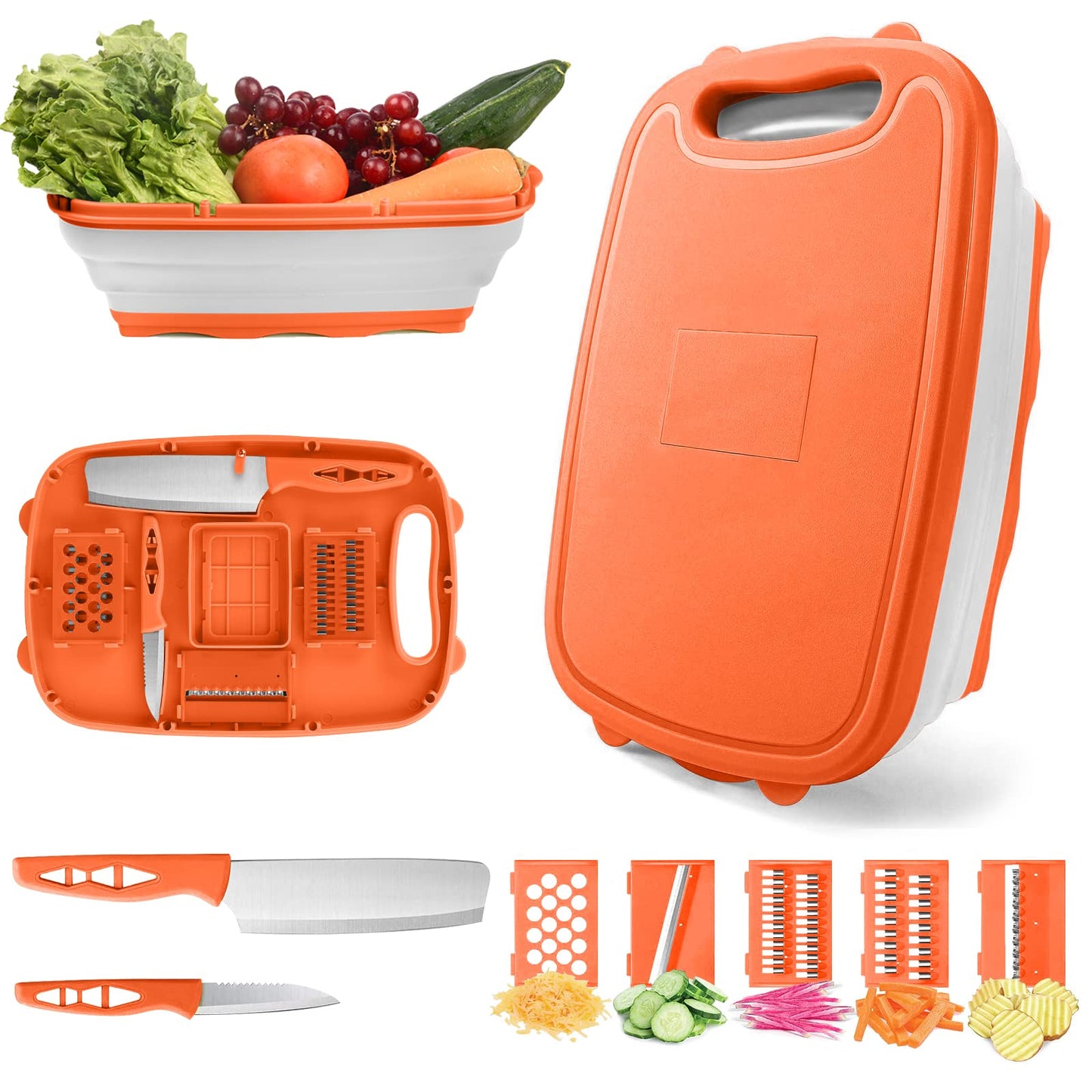 Camping Cutting Board, HI NINGER Collapsible Chopping Board with Colander, 9-In-1 Multi Chopping Board Kitchen Vegetable Washing Basket for Camping,Camping Gifts Camping Accessories for RV Campers