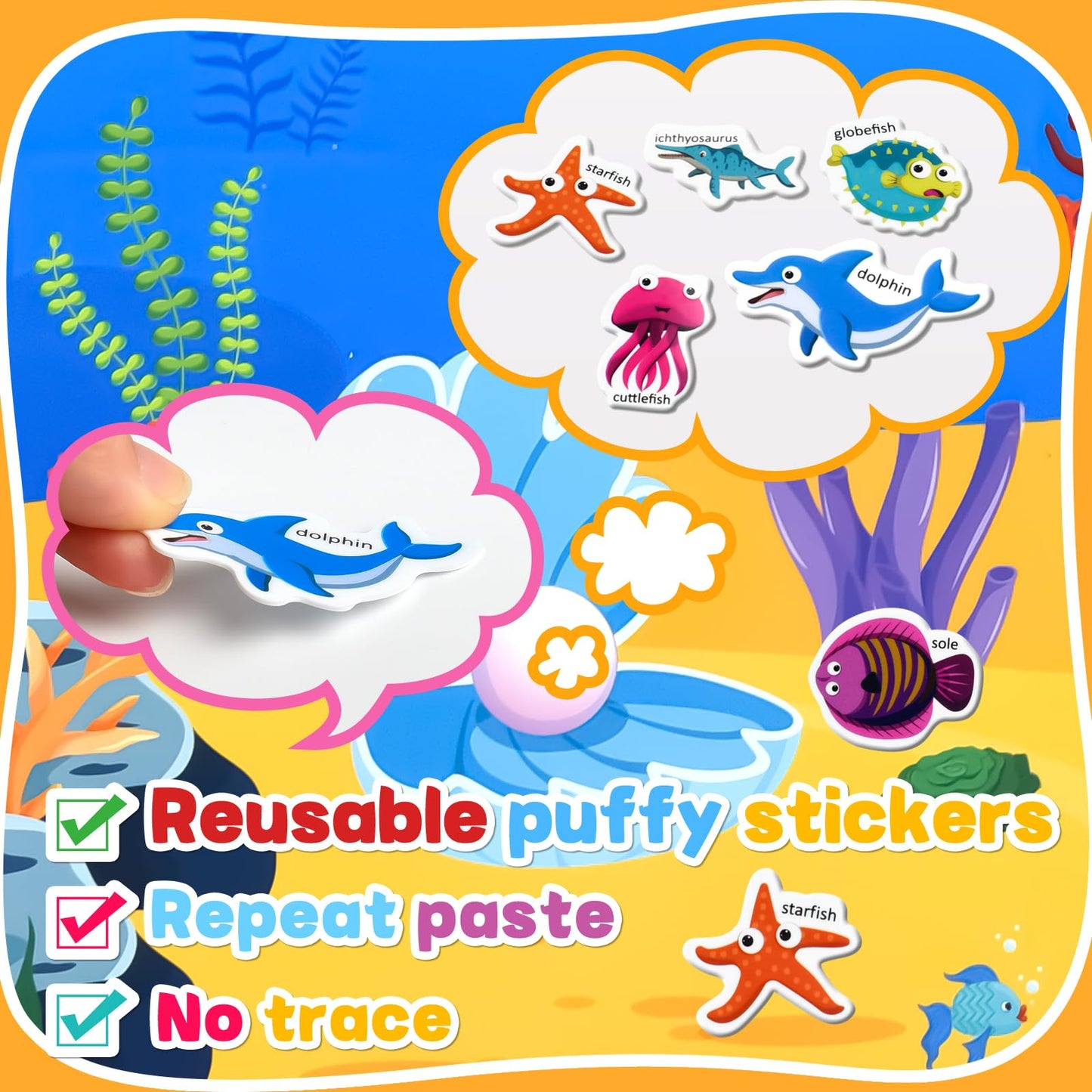 ASTARON 3 Pack Reusable 3D Puffy Sticker Book for Kids 3-6, Jelly Sticker Game Educational Sensory Learning Toy, Travel Toys and Busy Book(Animal Shade Handle)