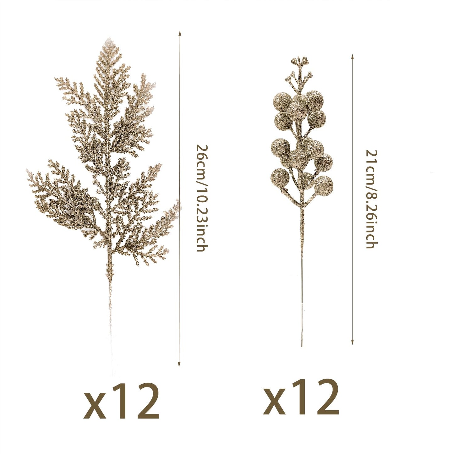 SPWOLFRT 24 Pieces Christmas Tree Decorations - 12pcs Artificial Glitter Berries Stems and 12pcs Glitter Cedar Leaves for Christmas Tree Decor Wreath Making Vase Filler DIY Crafts (Champagne)