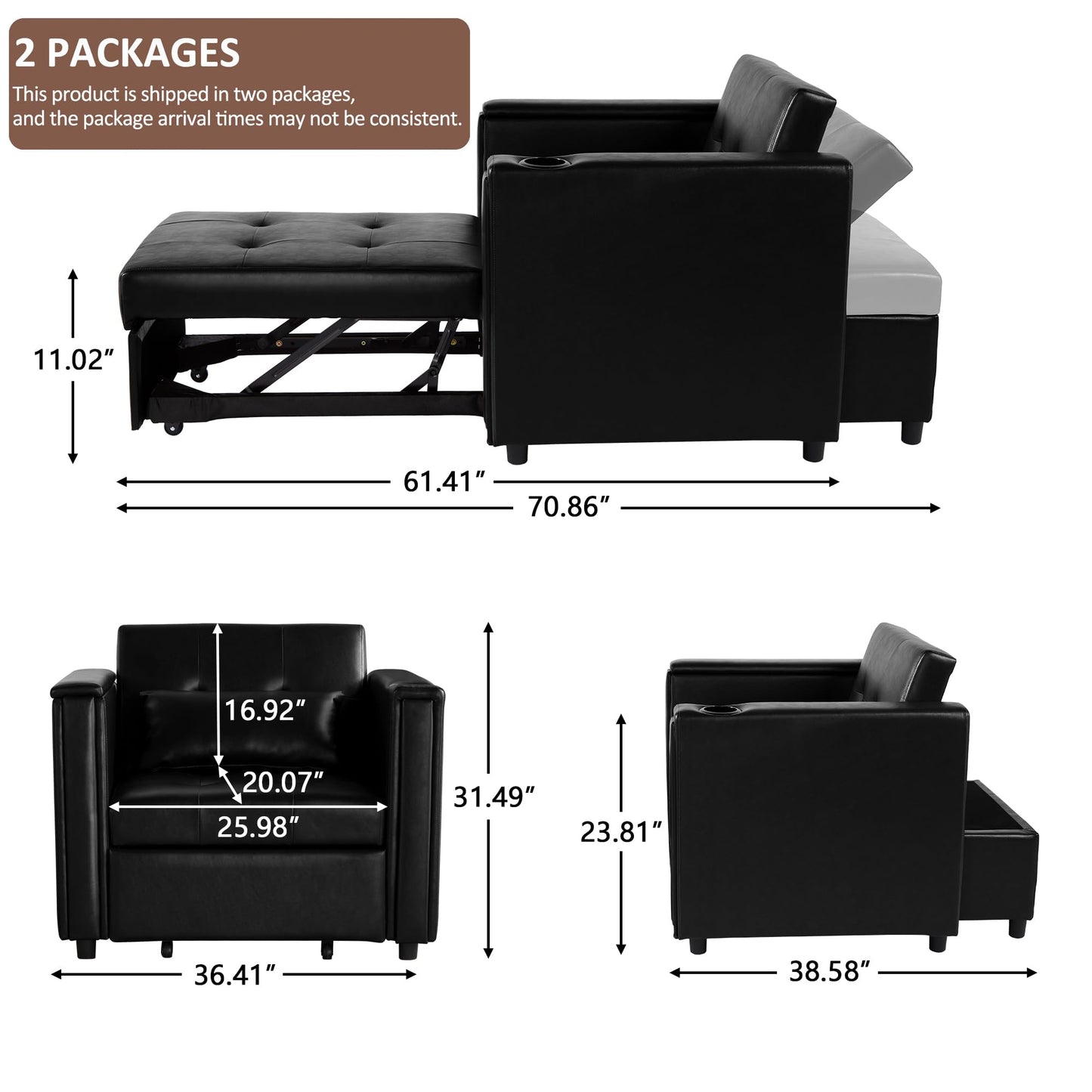 weselon Leather Convertible Chair Bed, 3 in 1 Multi-Functional Lounge Chair Sleeper, Pull Out Couch Guest Bed with Hidden Table and Adjustable Backrest for Living Room (Black)