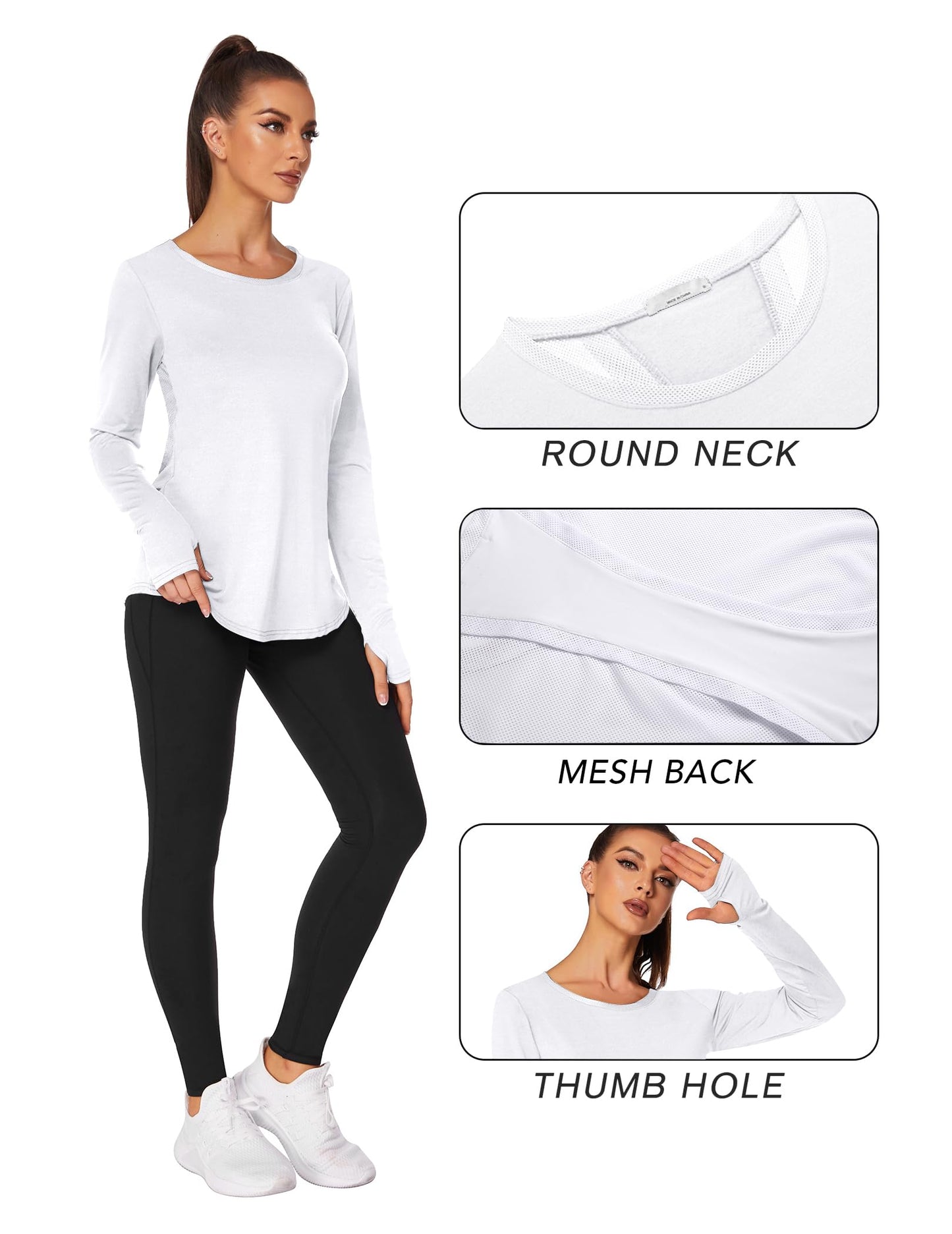 PINSPARK Long Sleeve Workout Tops for Women Mesh Breathable Yoga Tops Hiking Gym Shirts Quick Dry Running Clothes White S