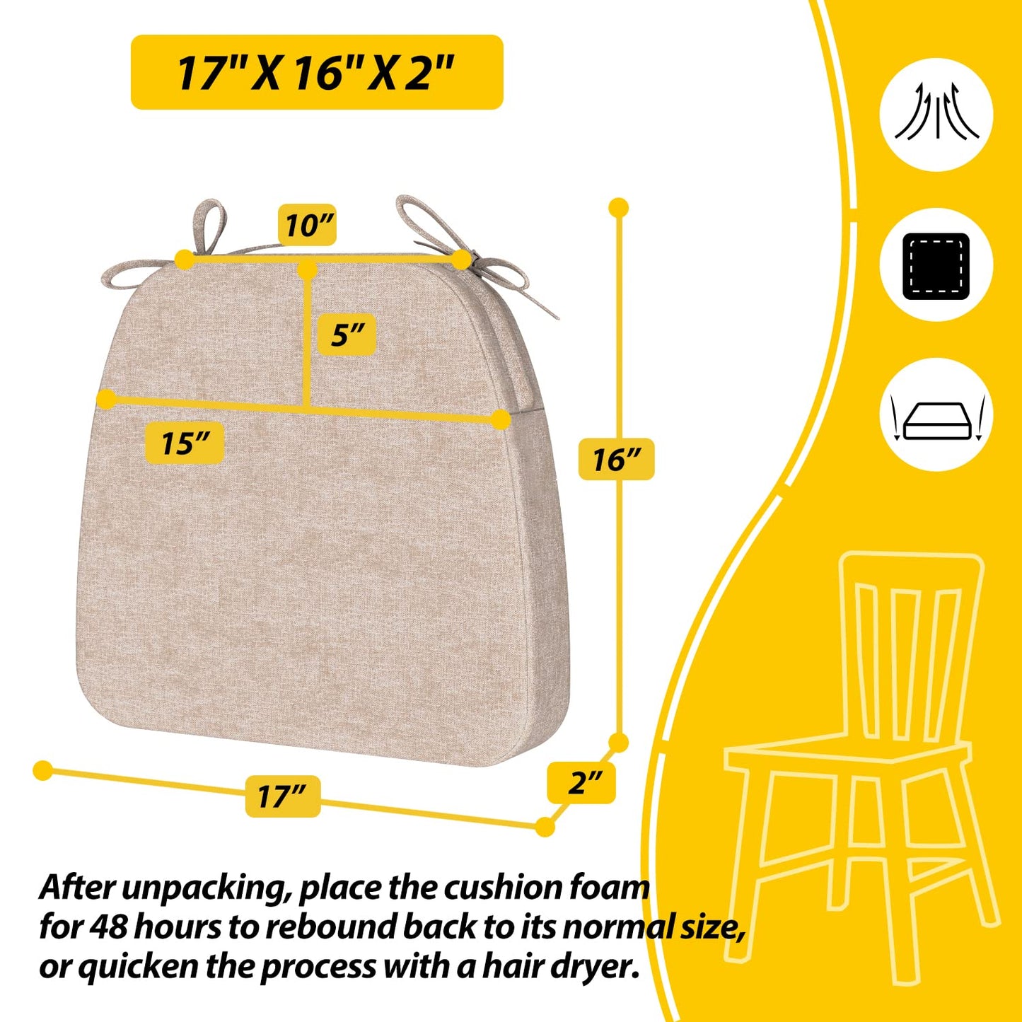 AAAAAcessories D-Shaped Chair Cushions, 2" Thick Dining Chair Pads with Ties and Removable, Machine-Washable Cover, 17" x 16", Set of 4, Beige