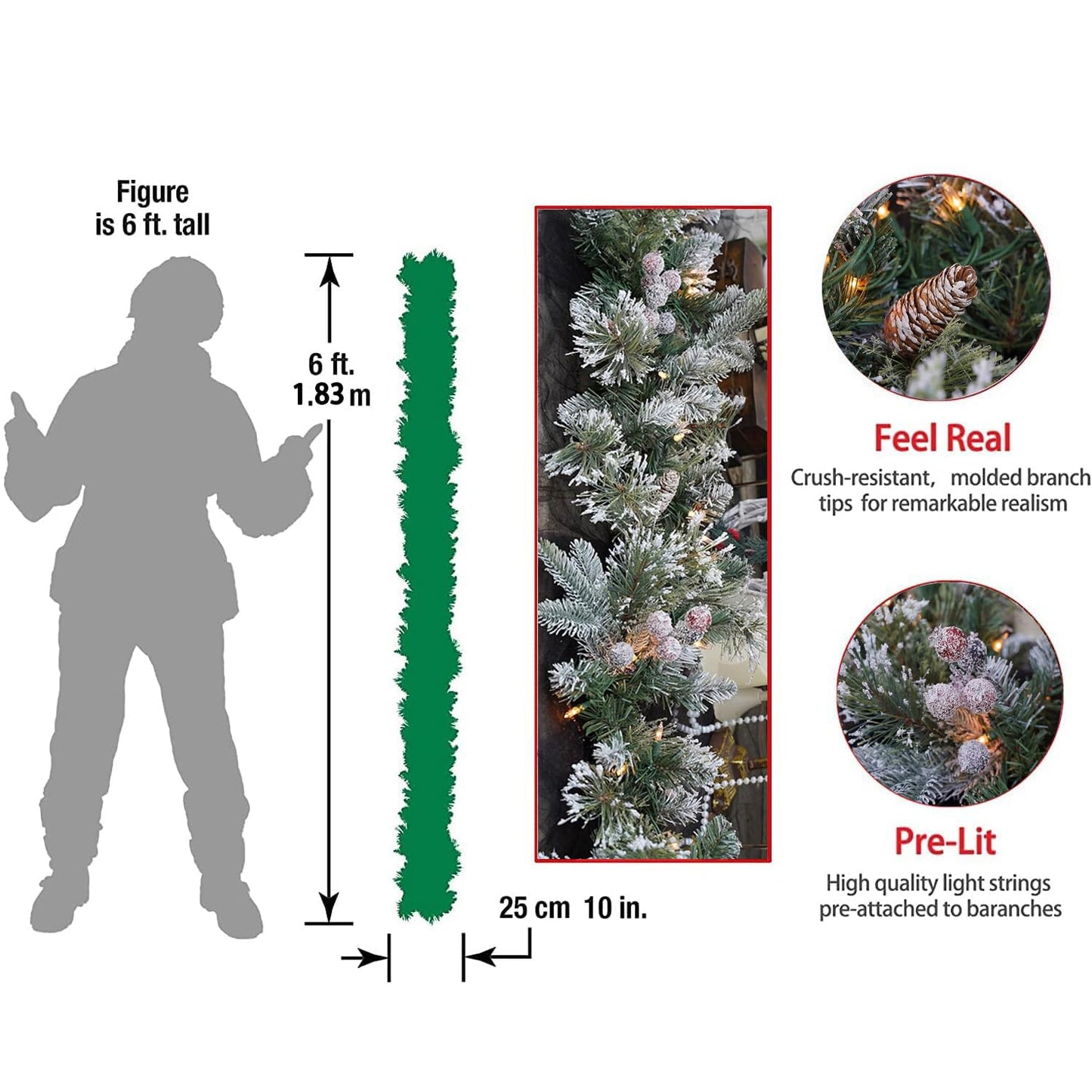 CRSMATTS Pre-Lit Artificial Christmas Garland, Snowy Garland, White Lights 50, Decorated with Pine Cones, Berry Clusters,Pine Needle,Plug in, Christmas Decorations, 6 Feet