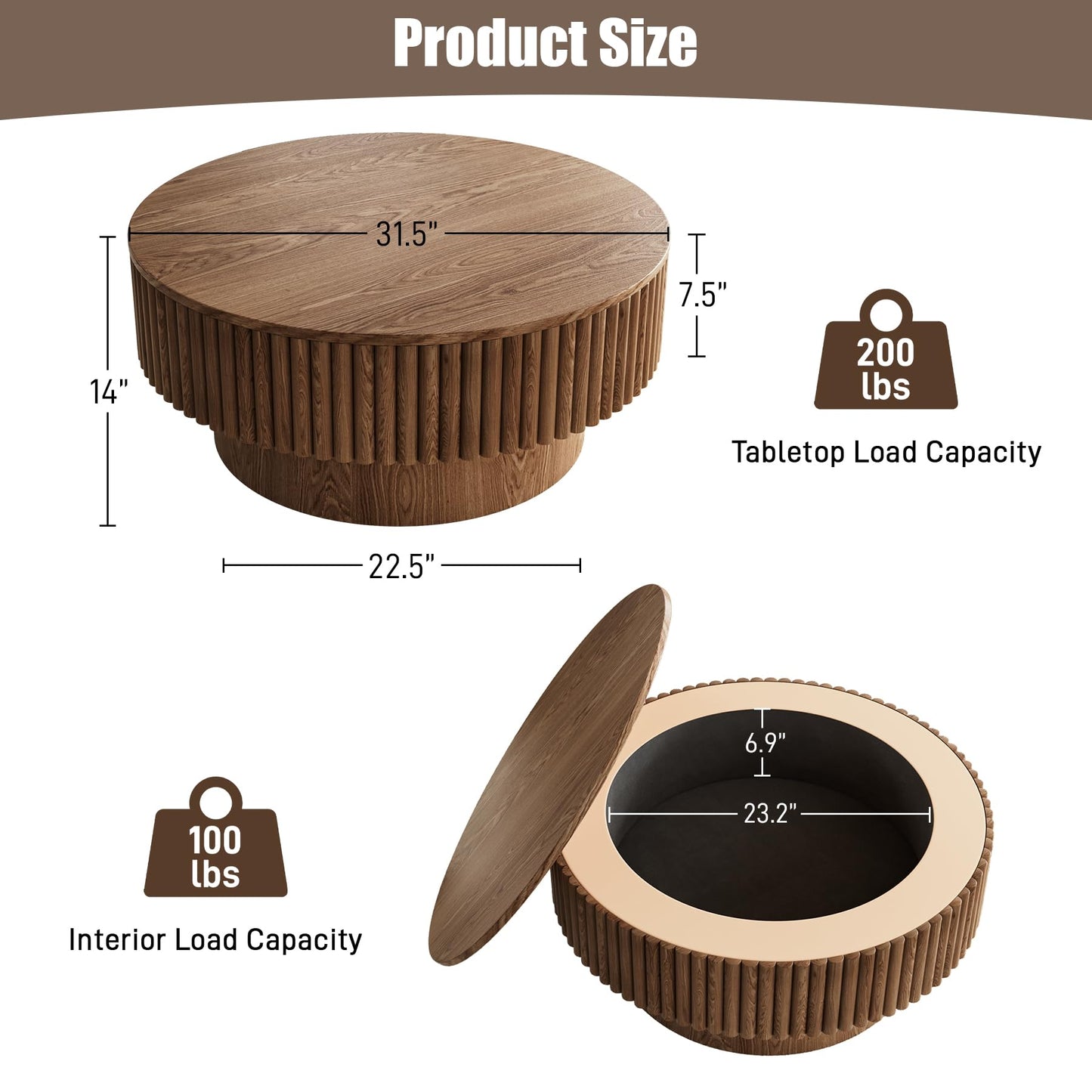 Rophefx Round Coffee Table with Storage, Wood Circle Coffee Tables for Living Room, Fluted Modern Circle Drum Center Tea Tables, ø31.5" x 14"H, Walnut Color