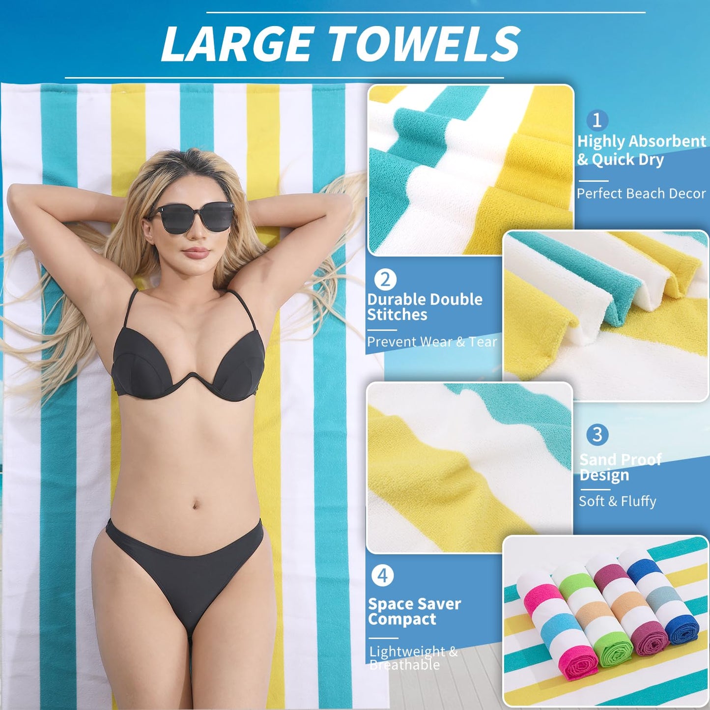 Beach Towel Set-4 Pack 30"x60" Sand Free Stripe Beach Towel for Pool,Bathroom,Soft Absorbent Quick Dry Lightweight Beach Bath Towel,Camping Blanket,Travel Towel,Beach Essentials for Adults,Teal/Yellow