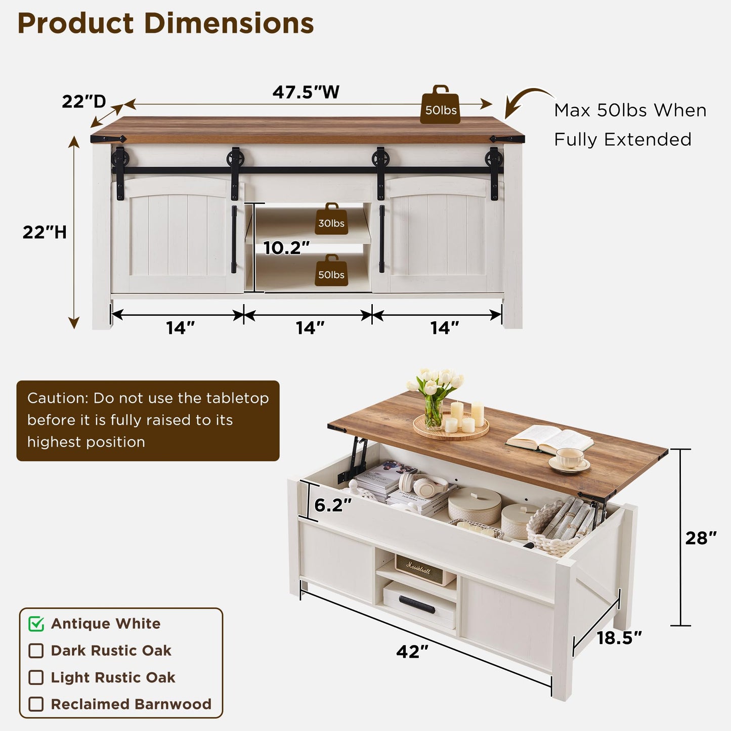 OKD Farmhouse Lift Top Coffee Table with Sliding Door, 48" Large Rustic Center Table with Hidden Storage Compartment, Lifting Tabletop, Adjustable Shelf for Living Room, Office,Antique White