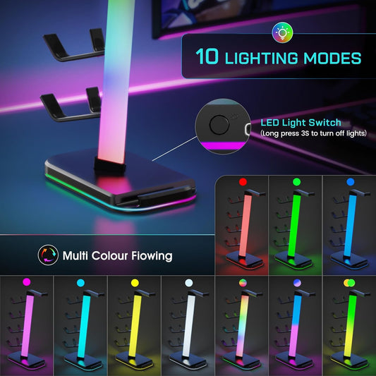 Gaming Headphones Stand with Charging Station, RGB Headset Stand with 10 Light Modes, 4 Controller Holder with 1 USB & 2 Type-C Charging Ports - Earphone Hook for PC Desktop Gamer Accessories Storage