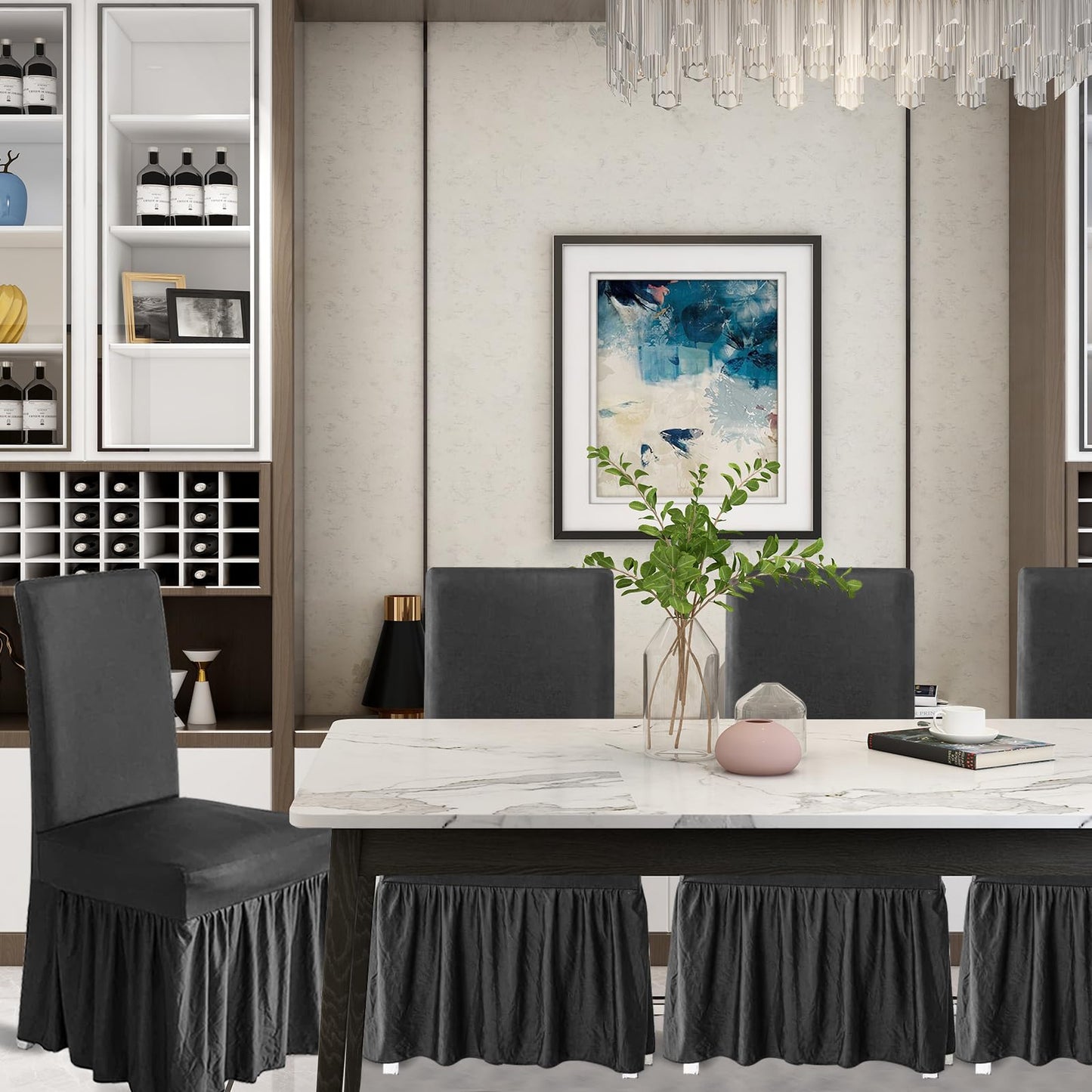 molasofa Chair Covers for Dining Room Set of 4 Stretch Chair Slipcovers with Skirt for Kitchen Seat Protectors Wedding Banquet Decor Kids Pets Spandex Fabric Washable (4pcs, Dark Grey)