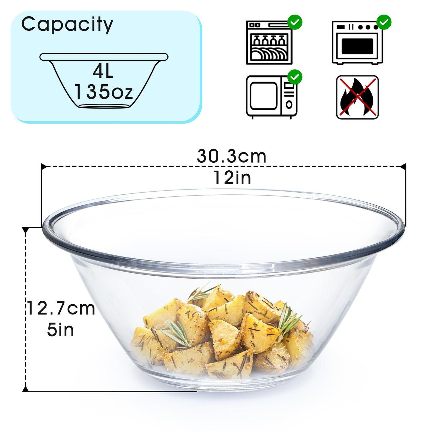 NUTRIUPS Large Glass Mixing Bowl, 4.1L Big Glass Salad Bowls, Clear Deep Glass Bowls for Mixing