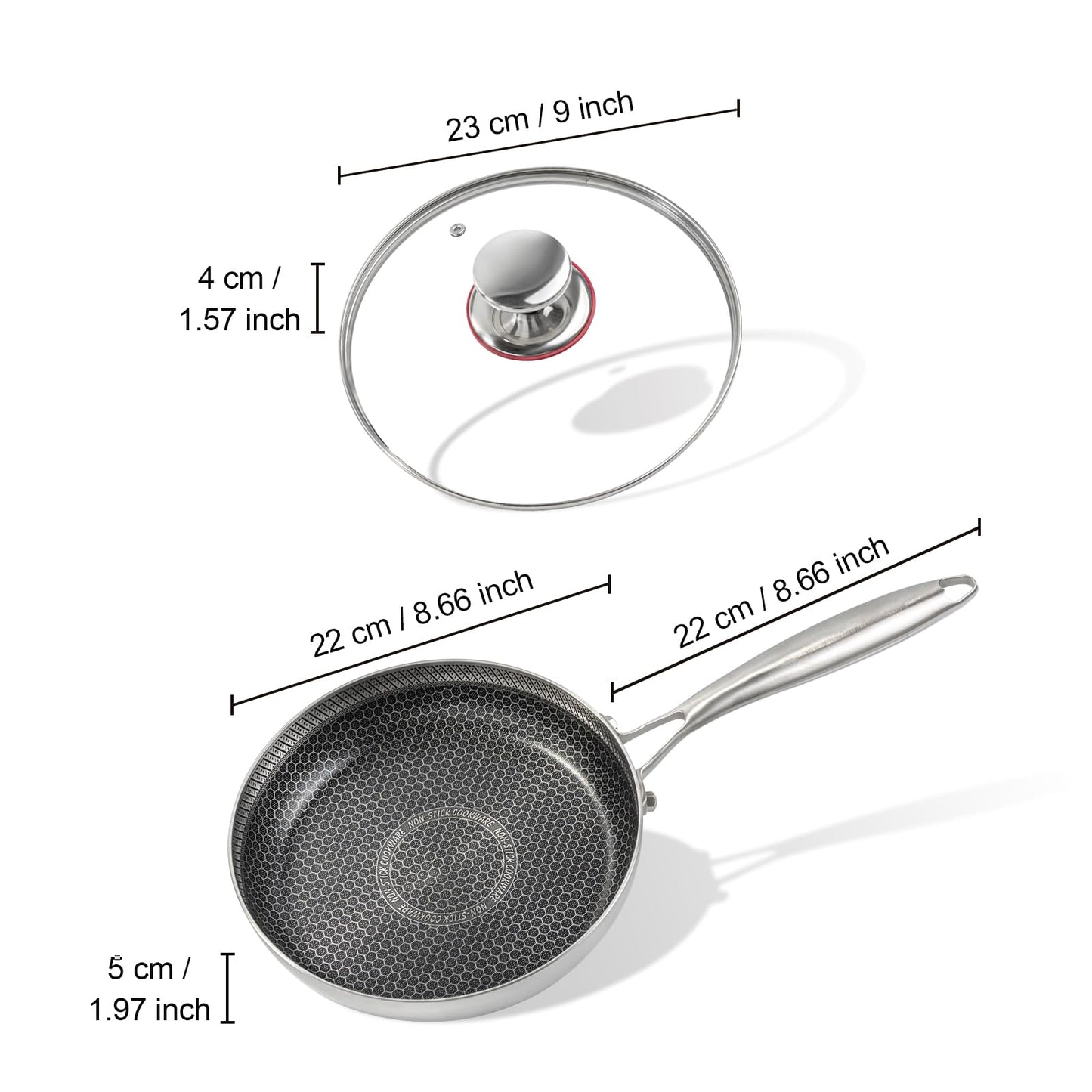 Yikinip 8-inch stainless steel frying pan with lid, hybrid non-stick skillet for induction, small fry pan induction compatible, non-toxic chef's pan, pfoa-free cookware