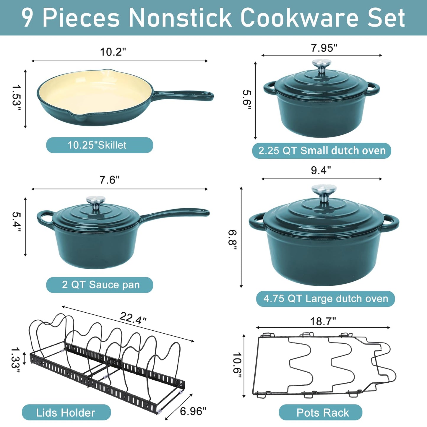 Nonstick Enameled Cast Iron Cookware Set- 9 Pieces Dutch Oven Pot with Lid for Braising, Stews, Roasting, Bread Baking, Cooking Pot Oven Safe & Compatible with All Stovetop, Teal Ombre