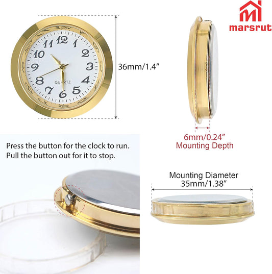 4PCS Mini Clock Insert Face Replacement, Fit 35mm (1.38") Hole Diameter, Round Inner Miniature Crystal Roman Numeral Quartz Movement Metal Gold Silver Bezel Supplies for DIY Craft Repair Easy Read