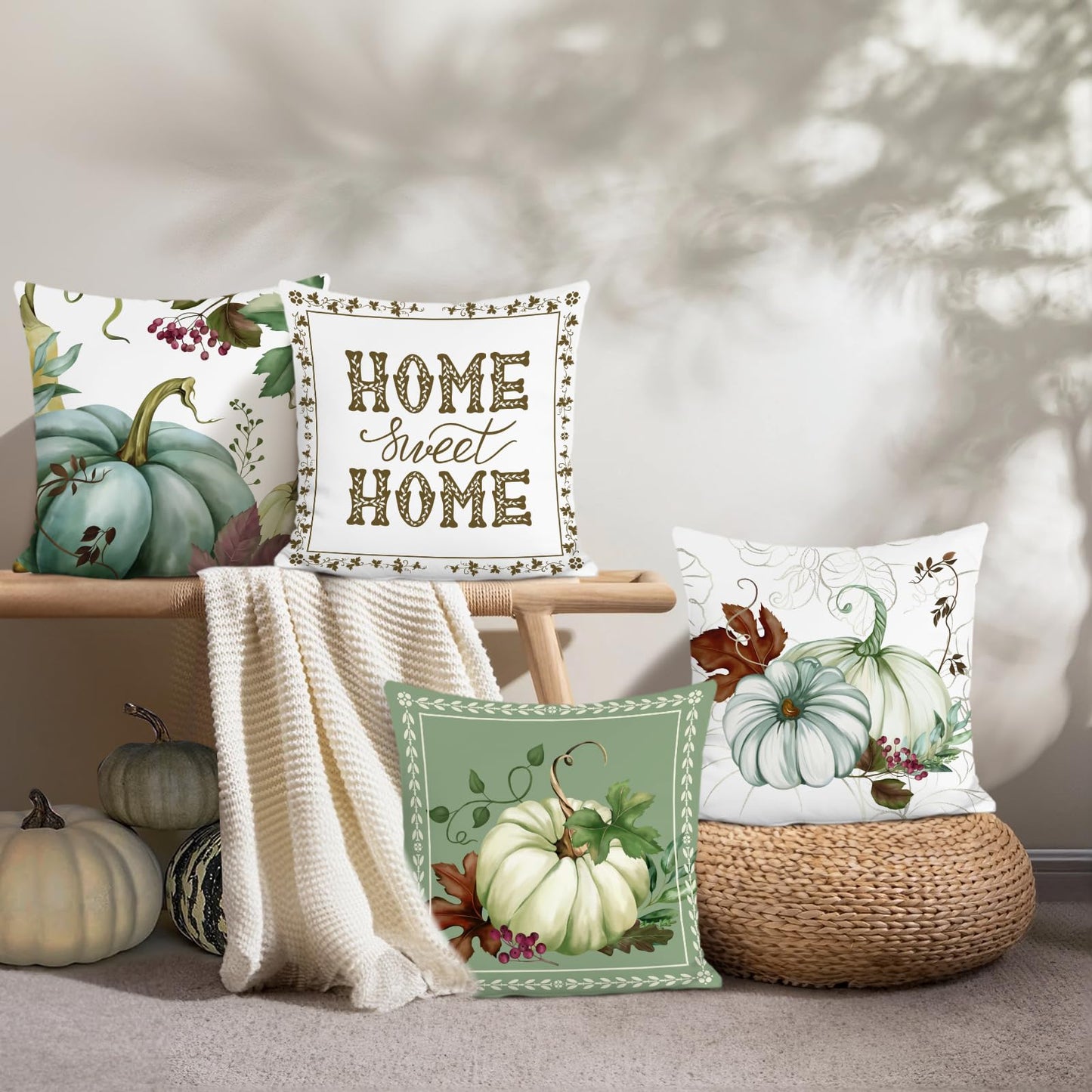 Bonhause Fall Pumpkin Throw Pillow Covers 18 x 18 Inch Autumn Thanksgiving Decorative Pillow Cases for Couch Sofa Home Fall Decor Set of 4
