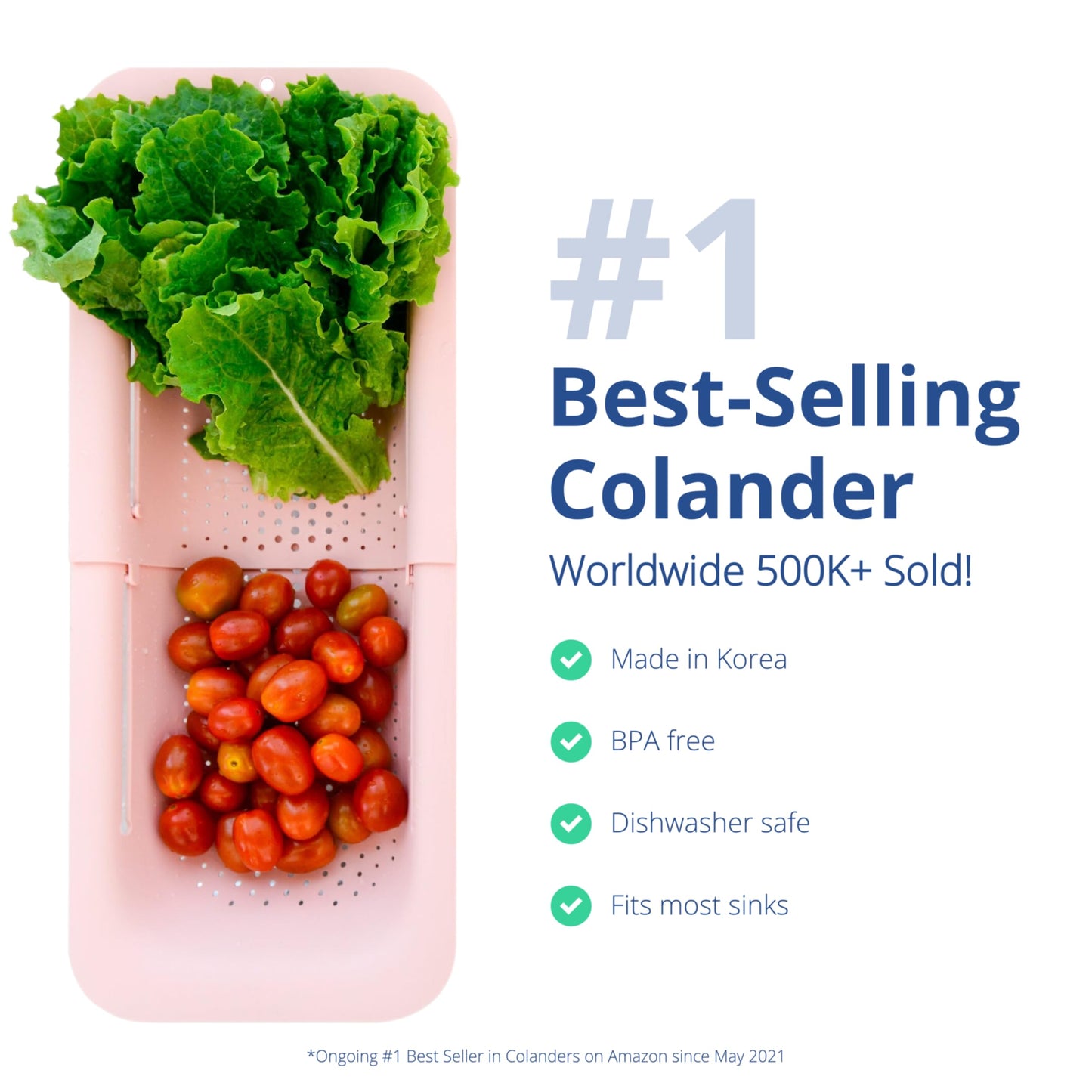 BLUE GINKGO Over the Sink Colander Strainer Basket - Wash Vegetables and Fruits, Drain Cooked Pasta and Dry Dishes - Extendable - New Home Kitchen Essentials (7.9 W x 14.5-19.5 L x 2.75 H) (Pink)