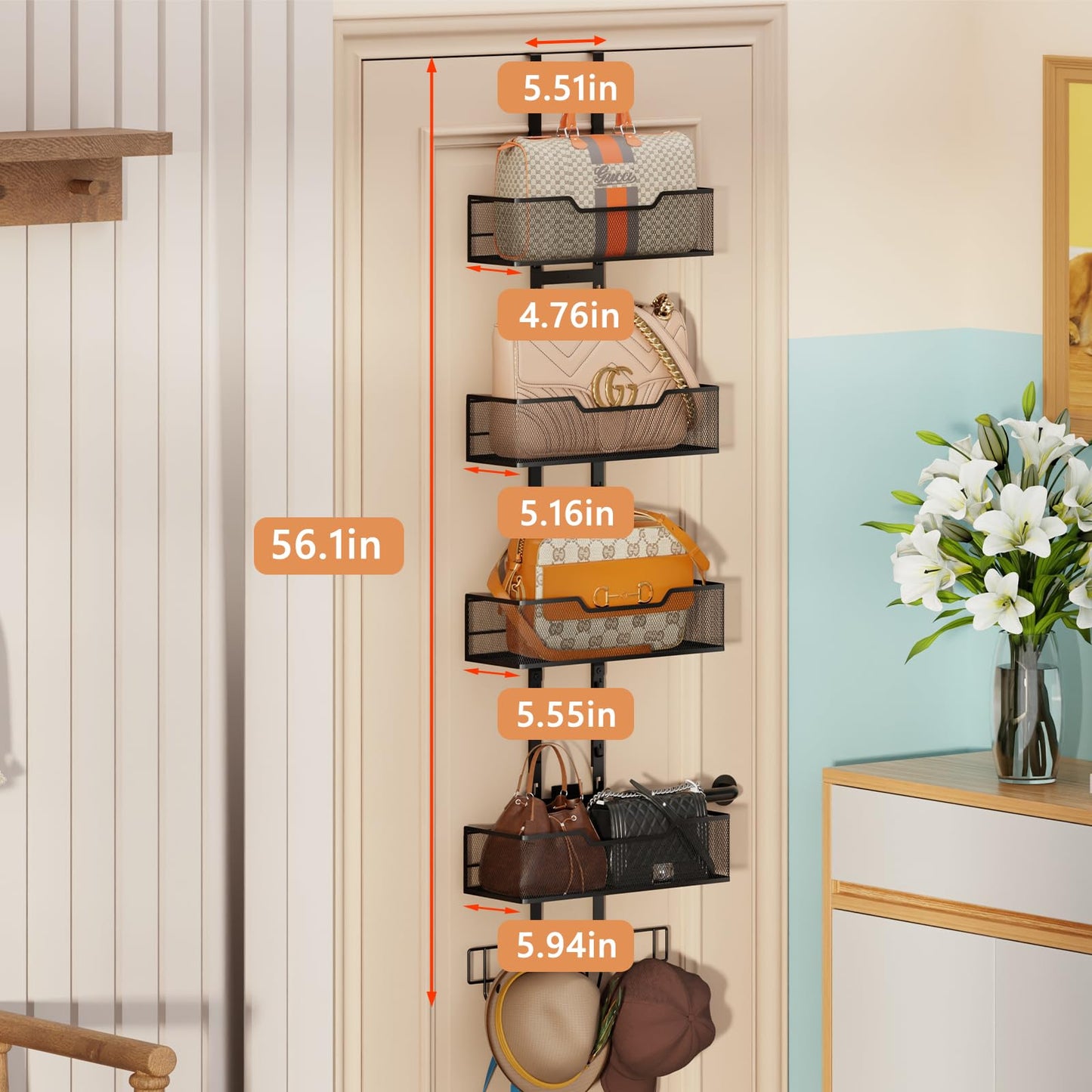 Dmevkic Purse Organizer Over The Door,Adjustable Durable Metal Purse Holder Handbag Purse Organizer for Closet with 5 Hooks Medium