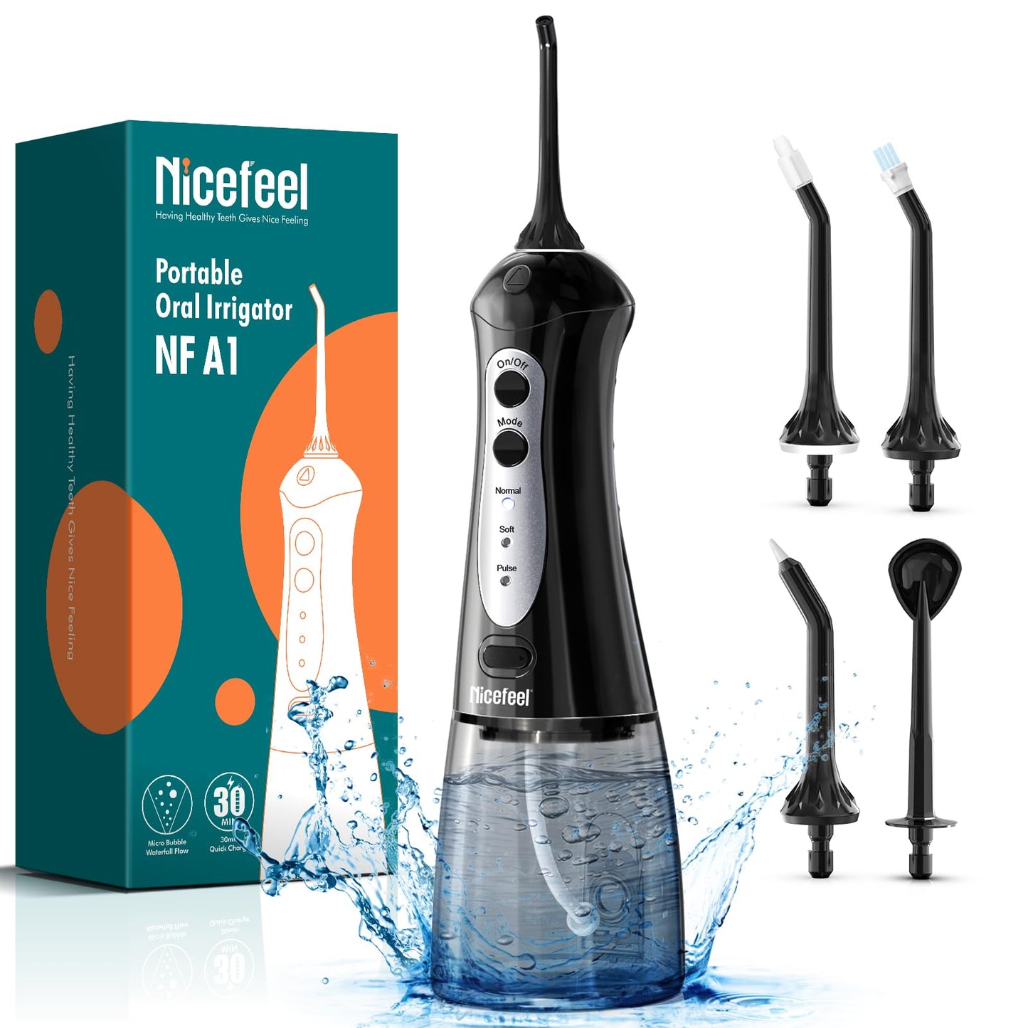 Nicefeel Water Dental Flosser Teeth Pick - Fast Charge Cordless Teeth Cleaner, 3 Modes Portable Oral Irrigator, IPX7 Waterproof Electric Water Dental Flosser for Tonsil Stone, 300ML Tank(Blue White)